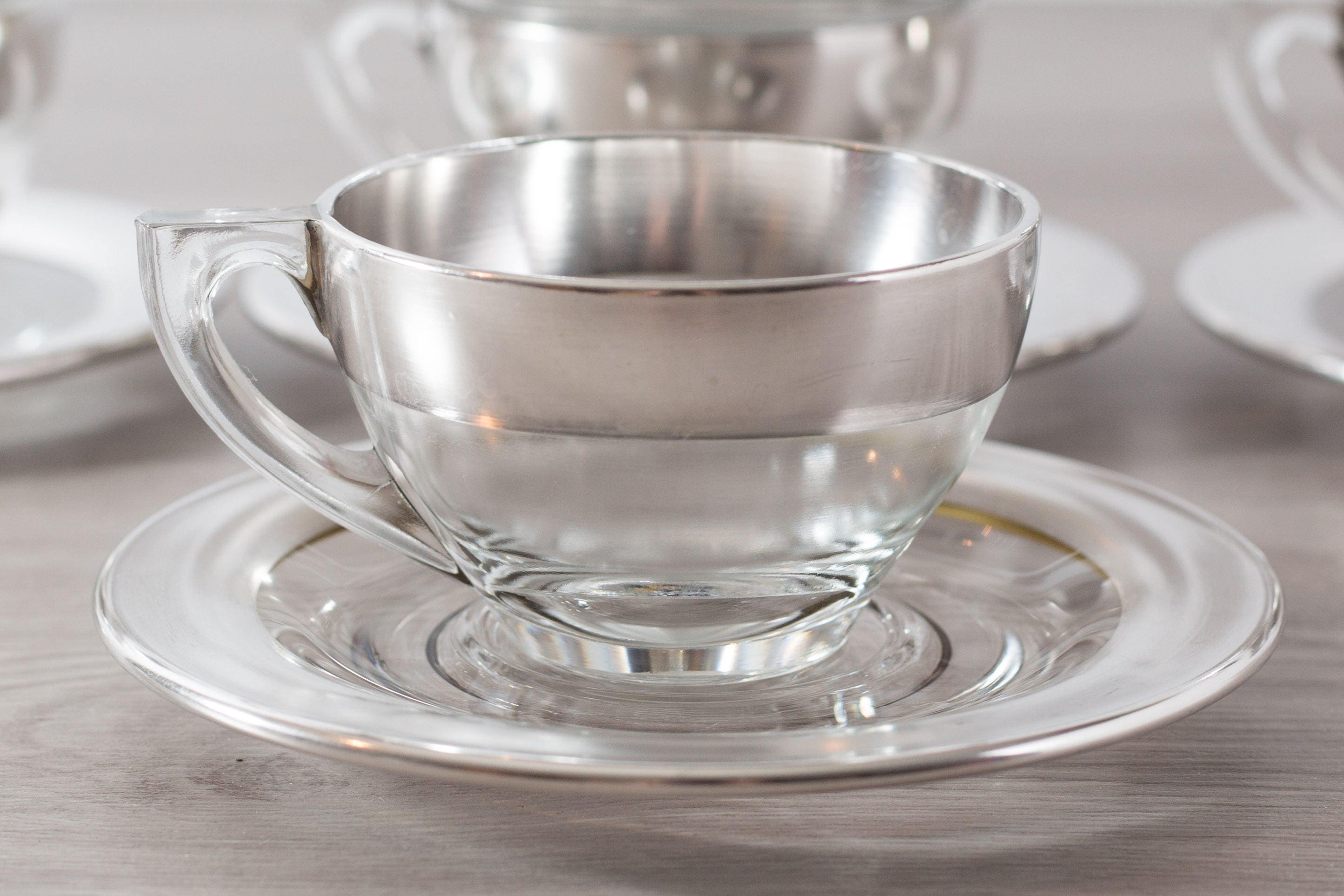 Glass and Silver Teacups / Set of 7 Vintage Silver Banded Tea Cups and
