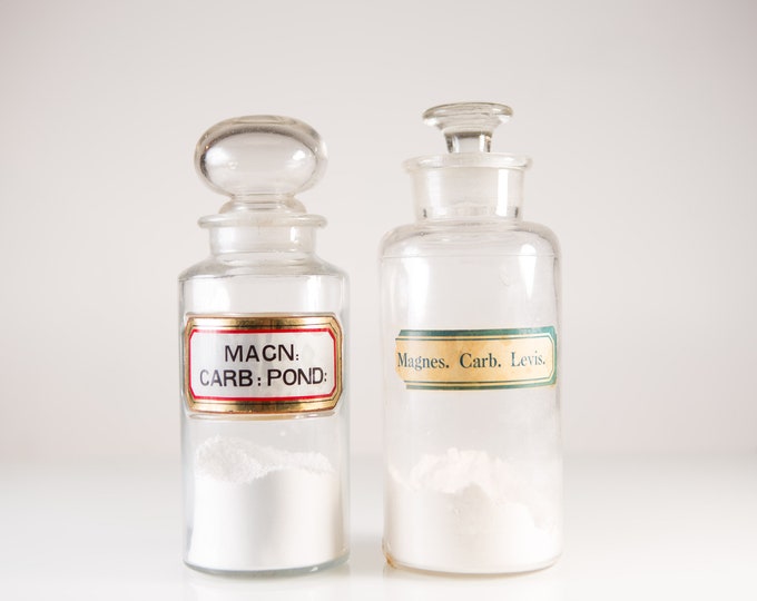 Antique Apothecary Bottles - Pair of Vintage Victorian Style Medicinal Powdere Clear Glass Jars with Retro Typography