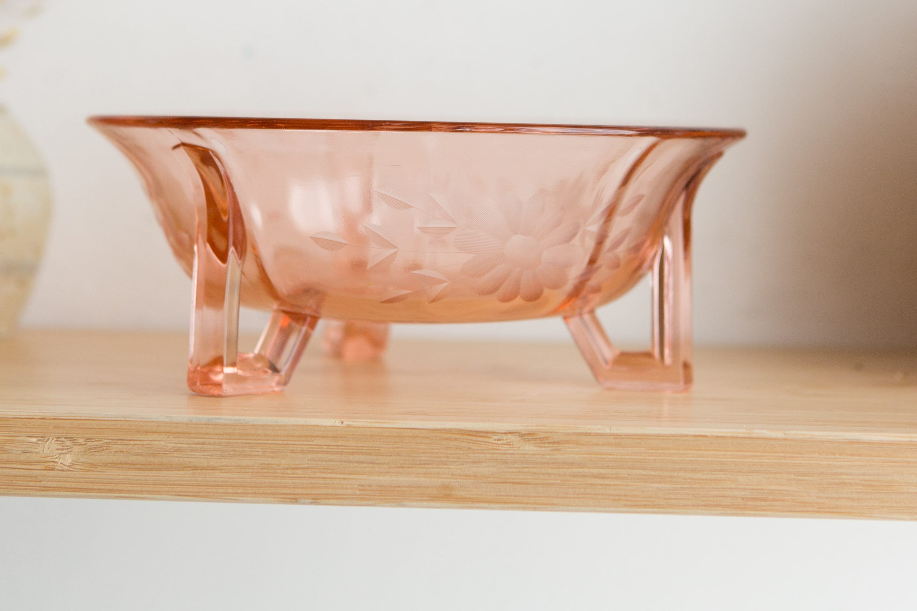 Antique Pink Glass Bowl 3Legged Footed Vintage Depression Glass with