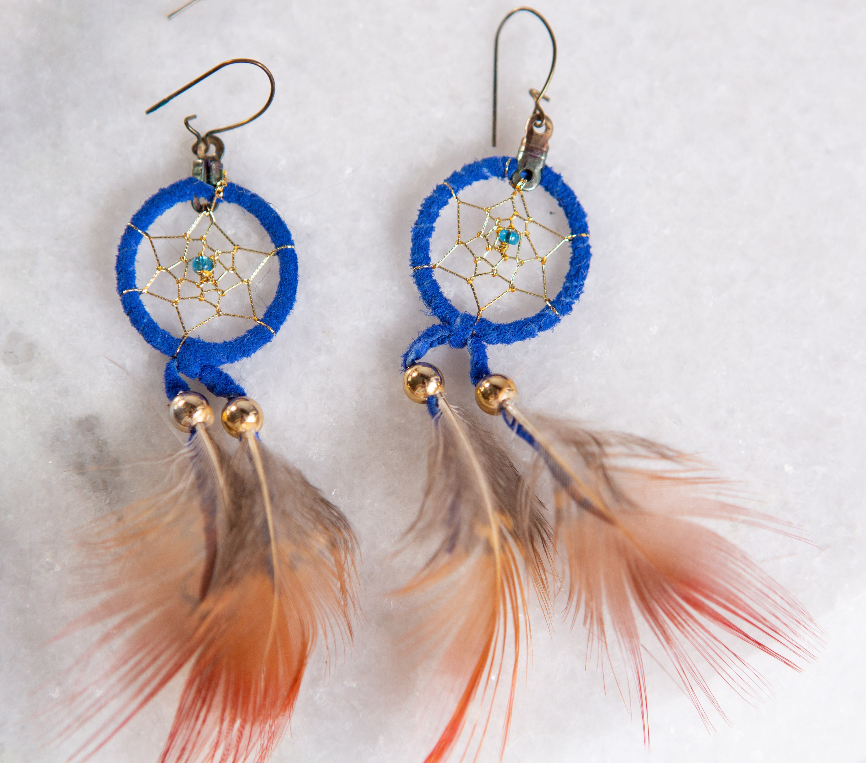 Southwestern DREAM CATCHER Feather Gold Anodized Trading Post Dangle Earrings 
