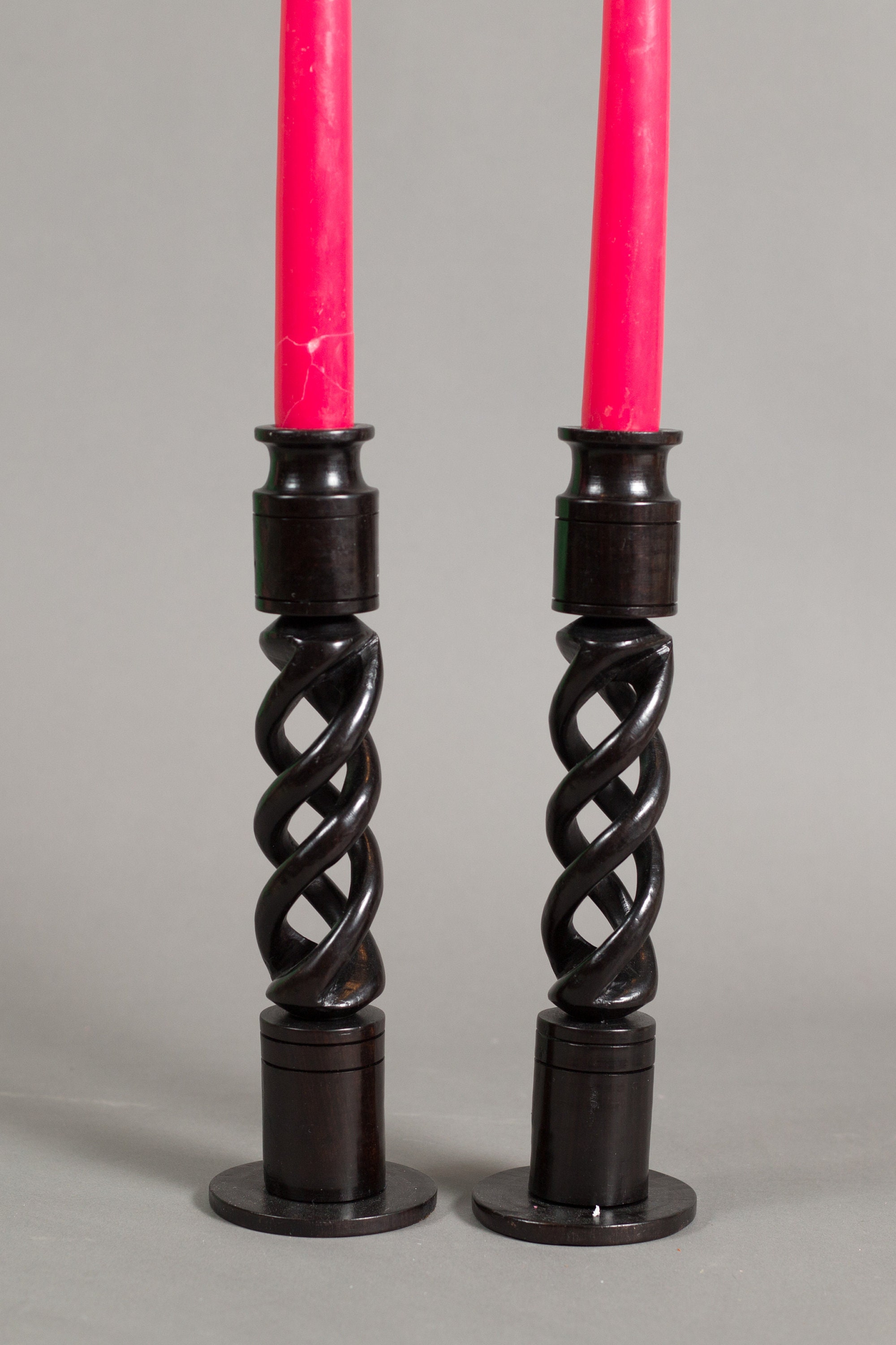 Ebony Candlestick Holders Vintage Dark Solid Wood Mahogany Barley