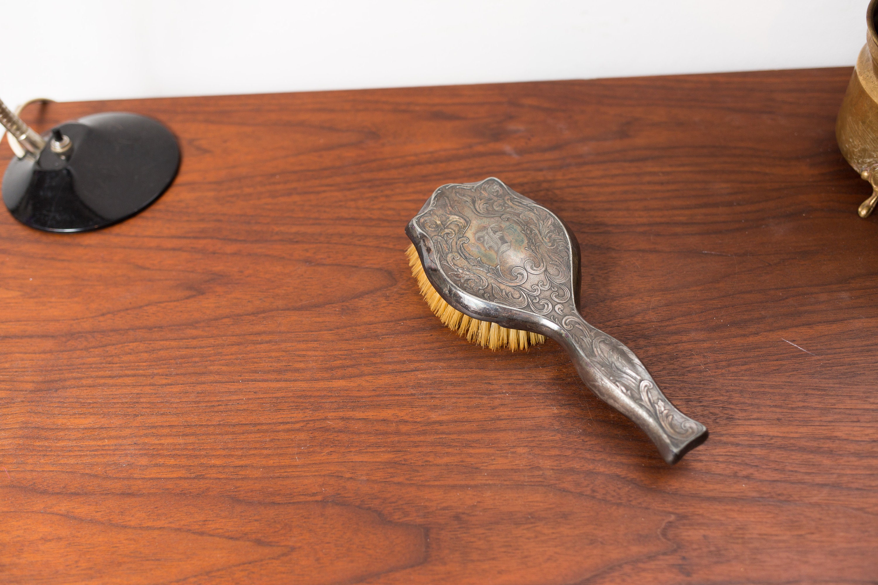 Vintage Hair Brush Silver Plated Ornate Floral Damask Leafy Metal Victorian Style Bedroom Hair