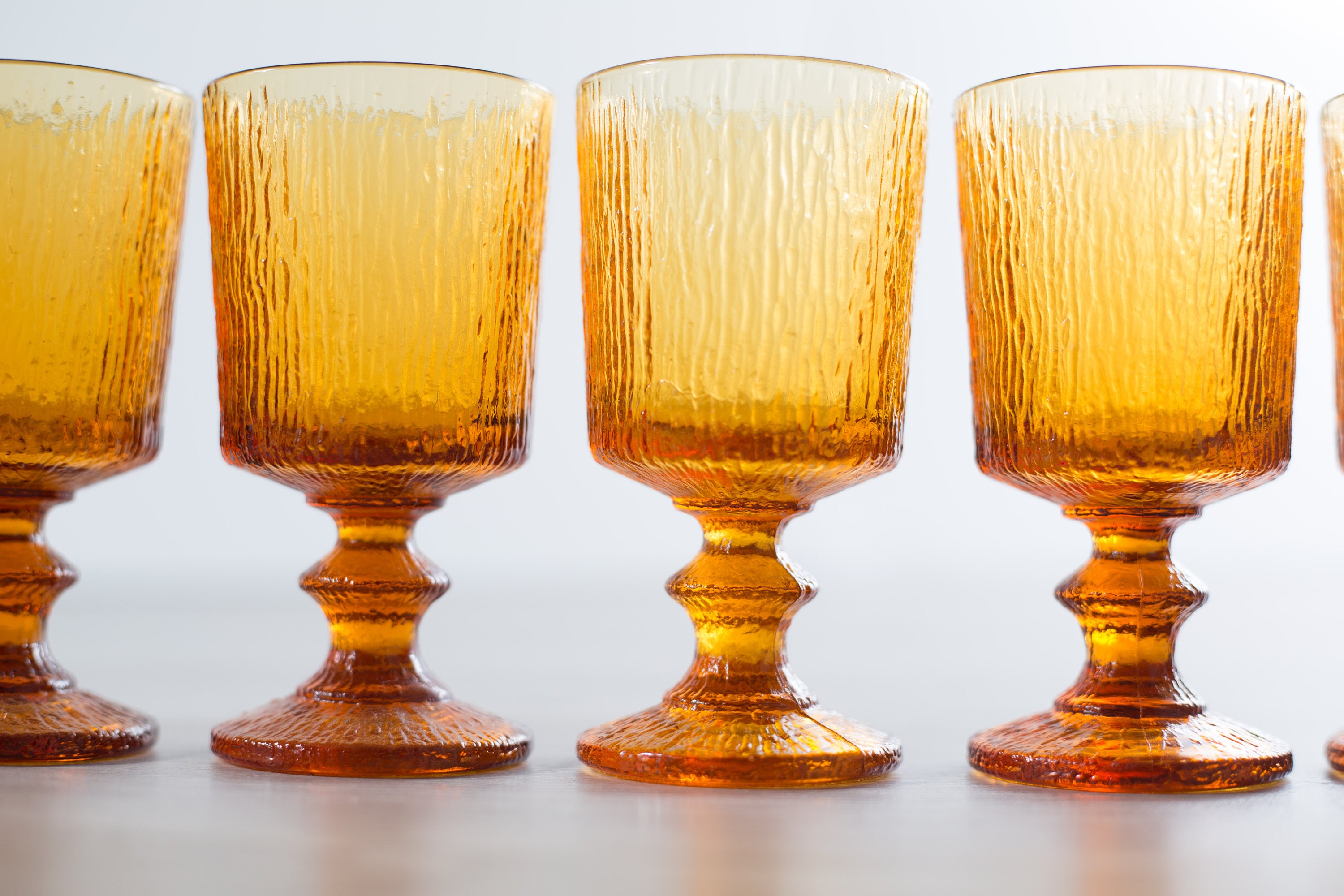 8 Vintage Amber Goblets / Set of 8 Amber Colored Textured Wine Glasses