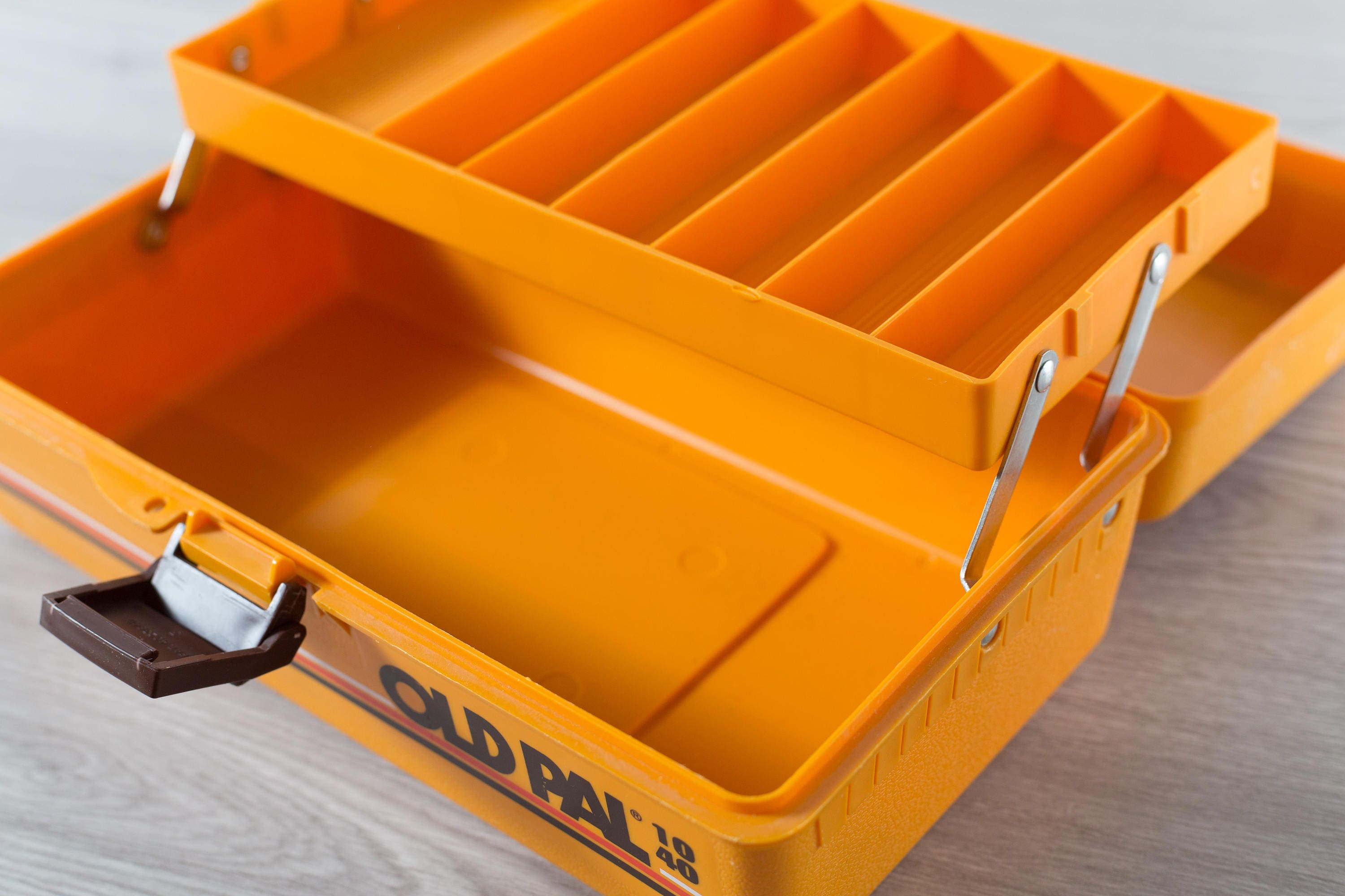 Vintage Tackle Box / Orange Yellow Fly Fishing Plastic Storage Box