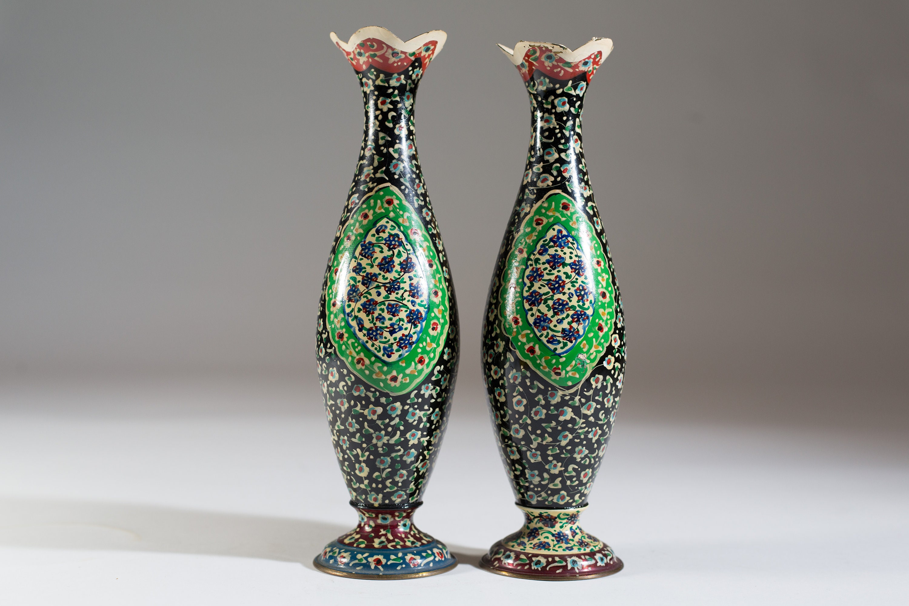 Vintage Painted Vases Thin Metal Trumpet Hand Decorated Flower Vase