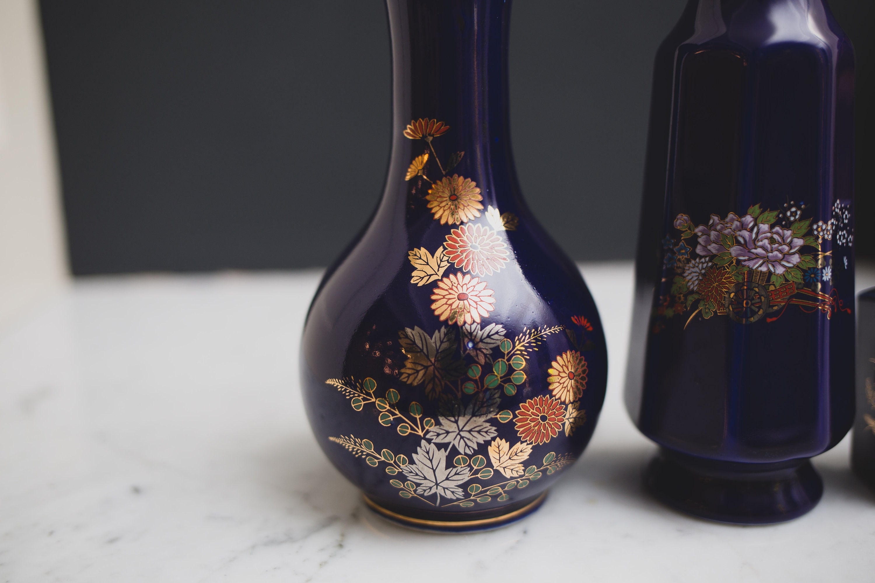 3 Vintage Cobalt Blue Vases Asian Style Peacock Bird Ceramic Pottery