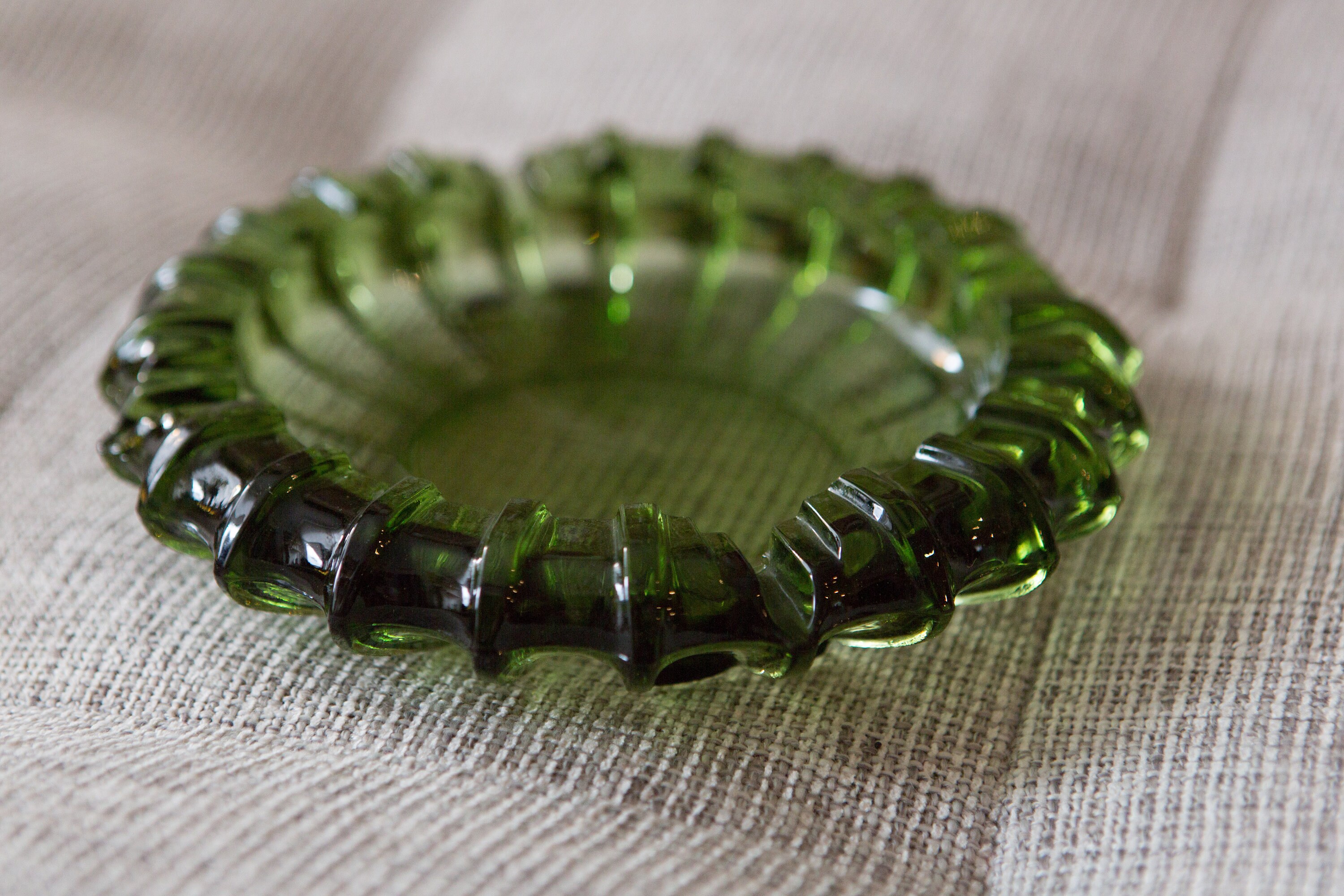 Green Glass Ashtray Vintage Ribbed Avocado Color Art