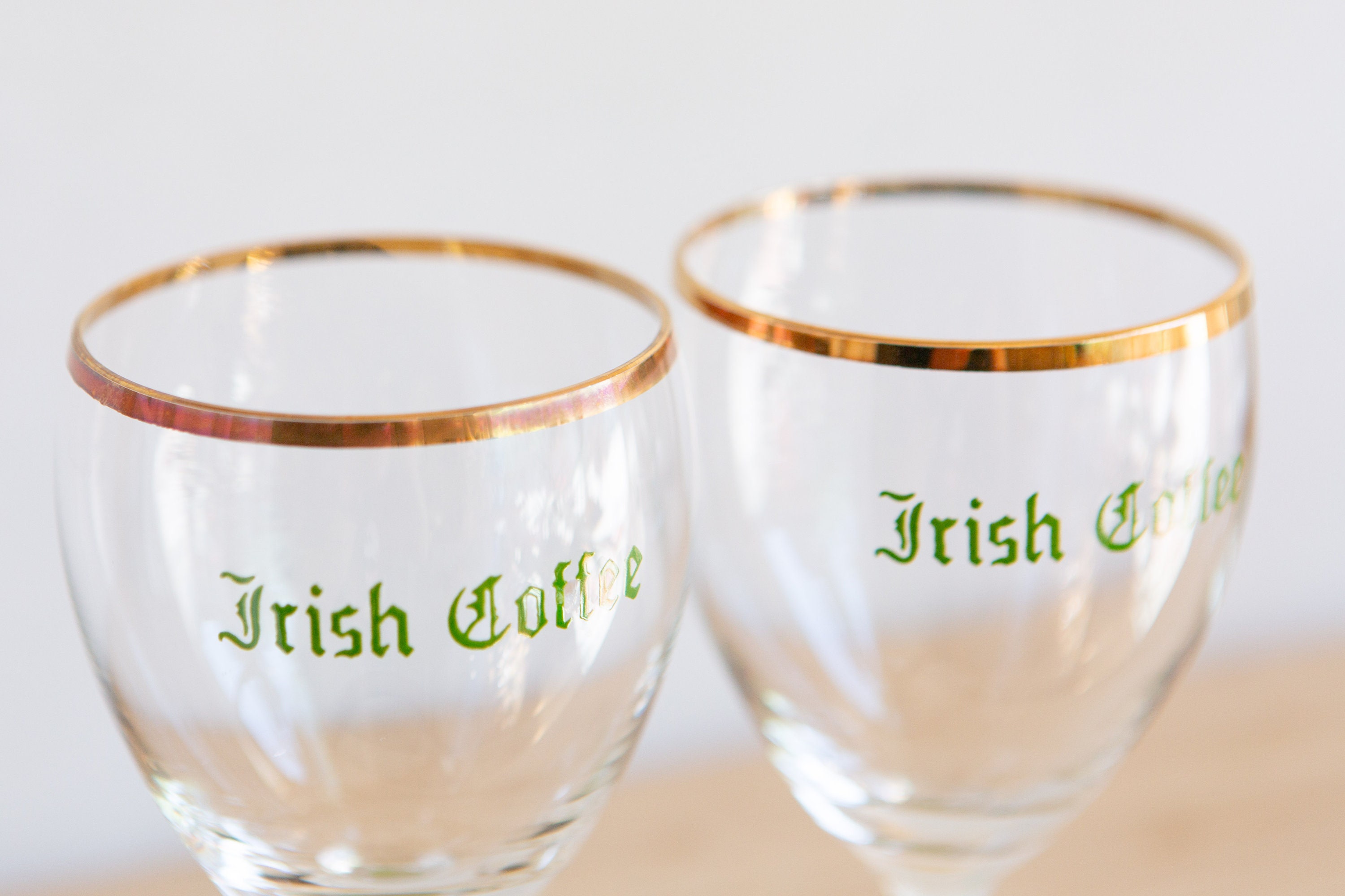 4 Irish Coffee Glasses Vintage Gold Rim Lucky Charm Specialty Coffee Stemware Father's Day