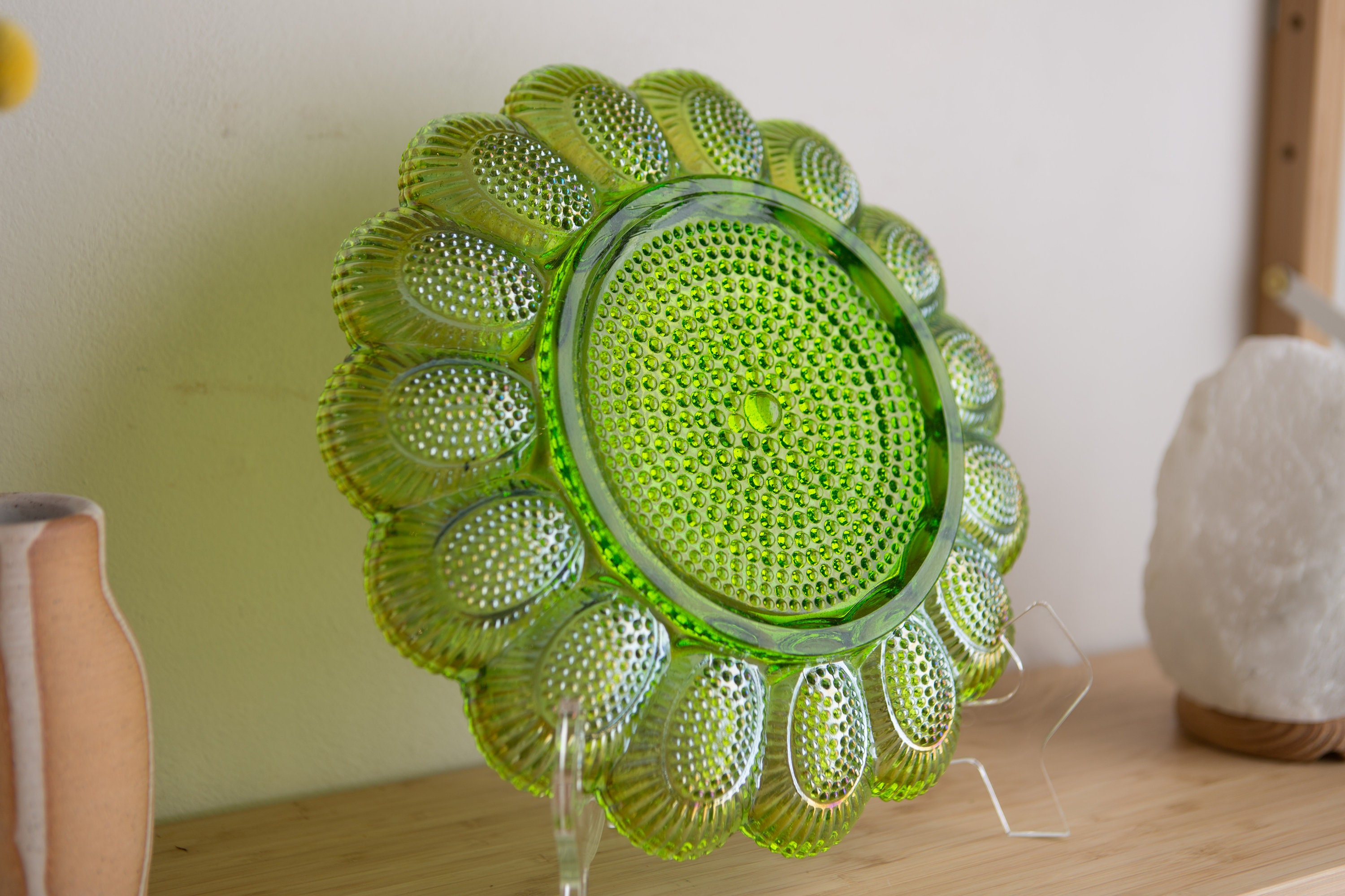 Vintage Deviled Egg Plate Indiana Glass Iridescent Green Hobnail