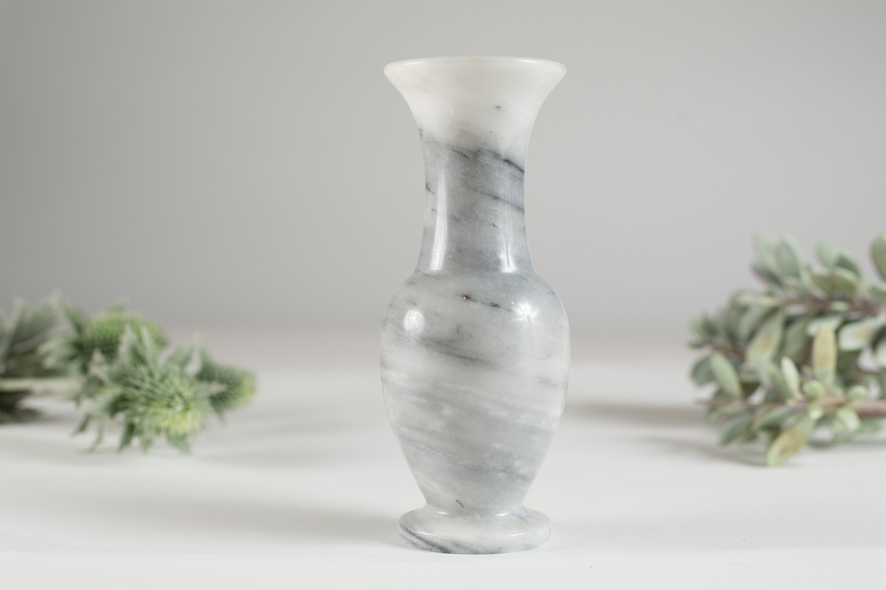 White Marbled Stone Vase Alabaster Bud Vase Carved Stone Vase with