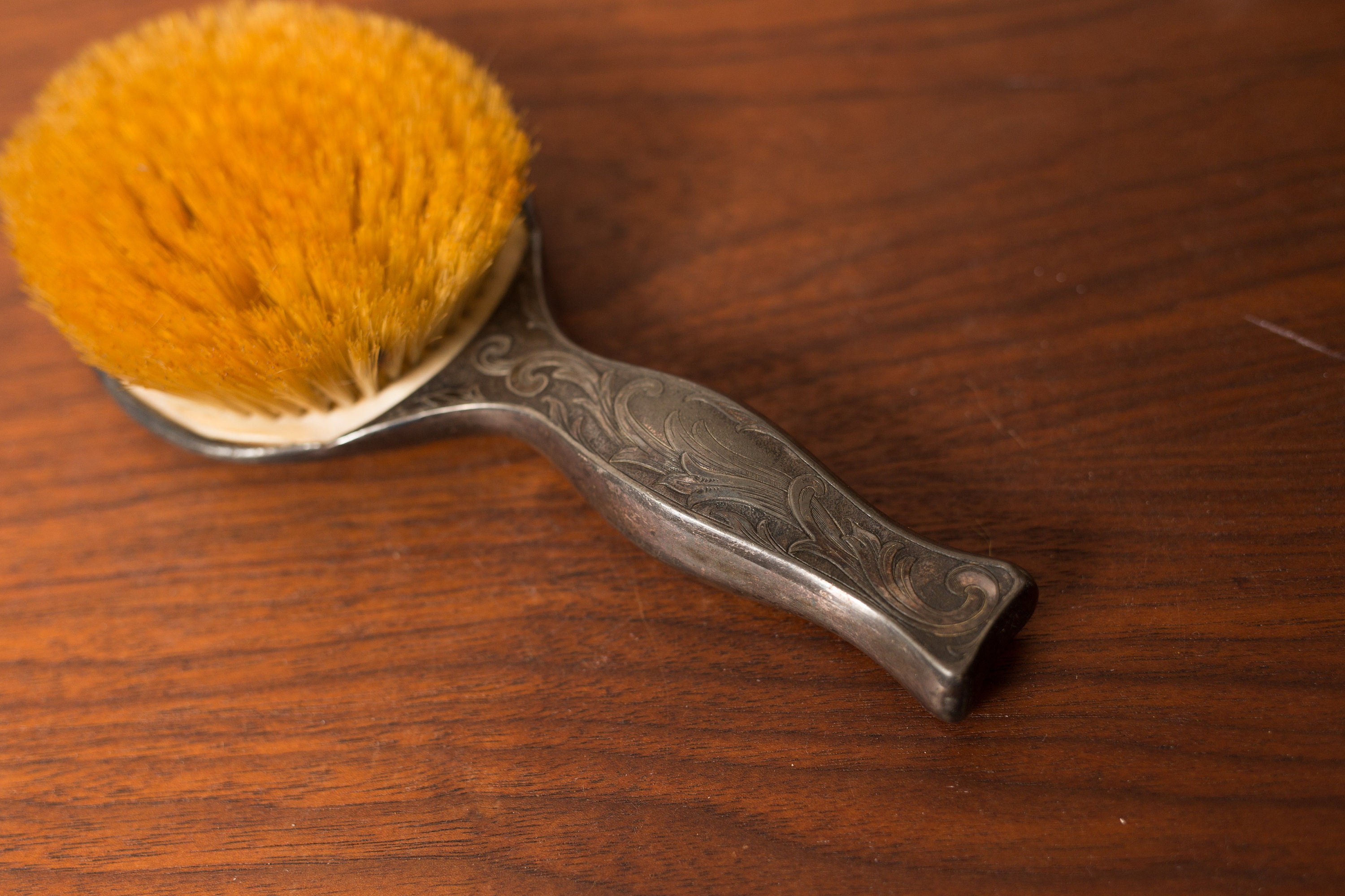 Vintage Hair Brush Silver Plated Ornate Floral Damask Leafy Metal