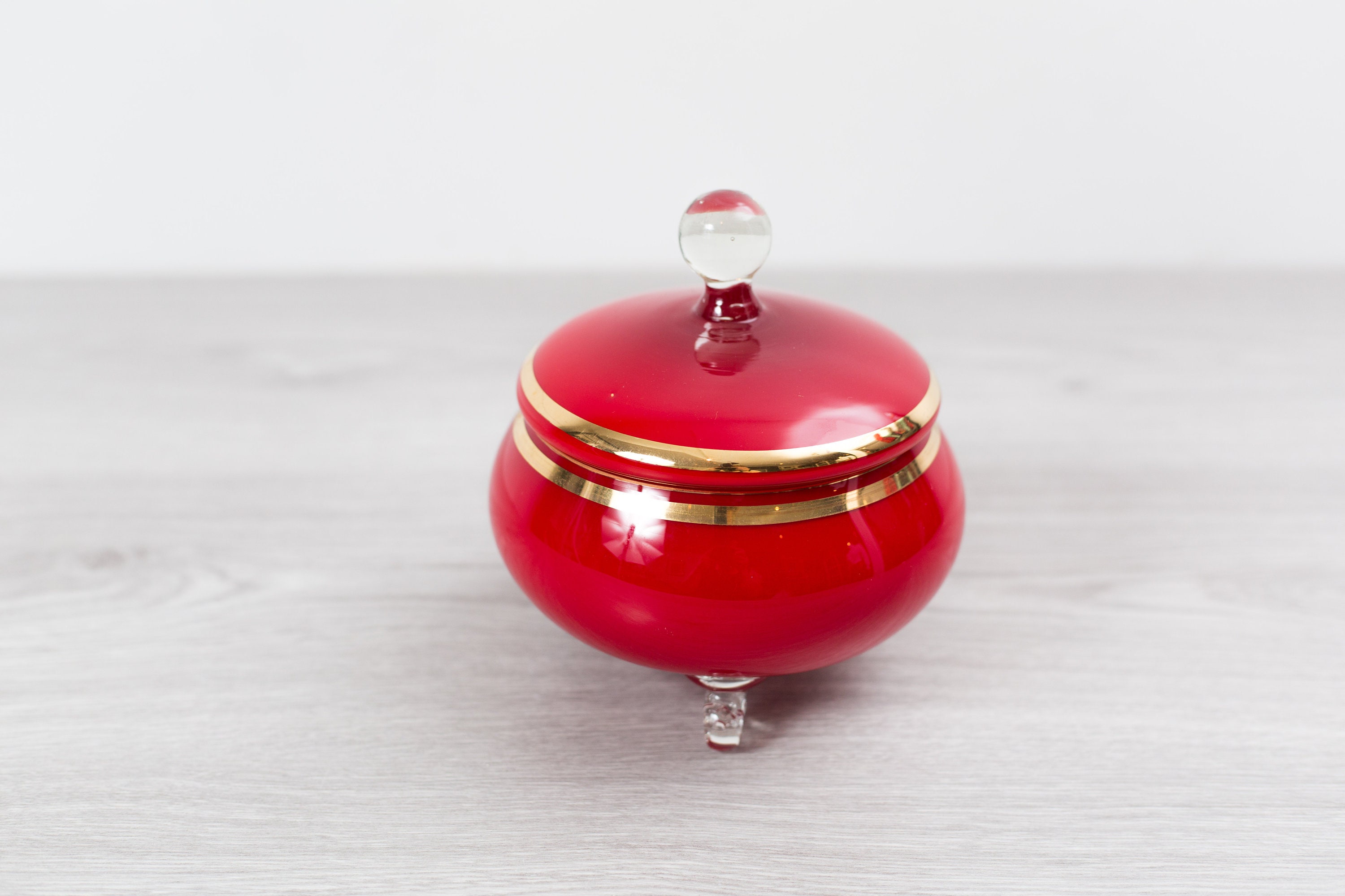 Vintage Candy Dish Lidded Red Glass Footed Bowl with Clear Legs and