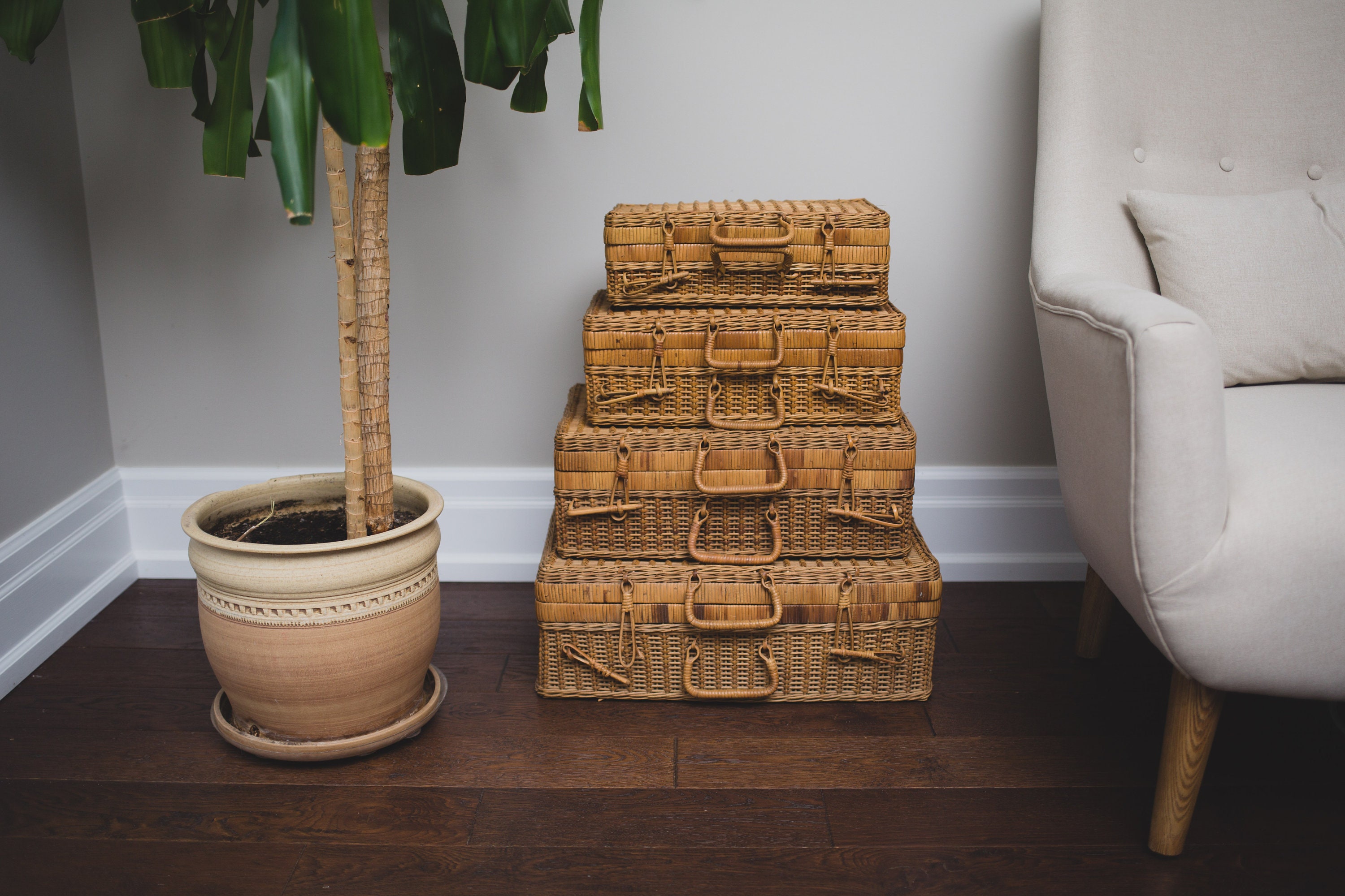 1950's Rattan Wicker Picnic Baskets Set of 4 Vintage Brown Woven Rectangle Basket with