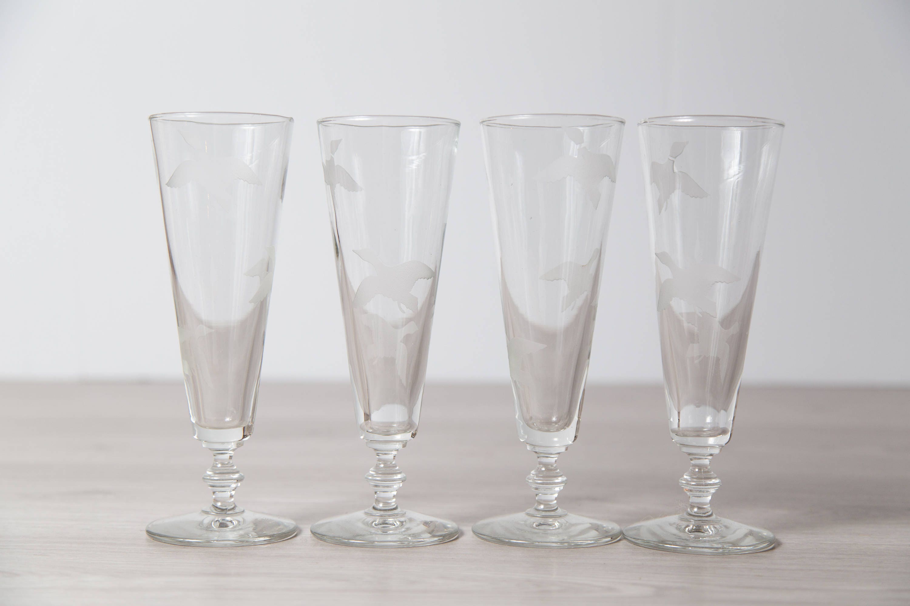 Fluted Bar Glasses 4 Piece Set of Flying Duck Etched Detailed Vintage