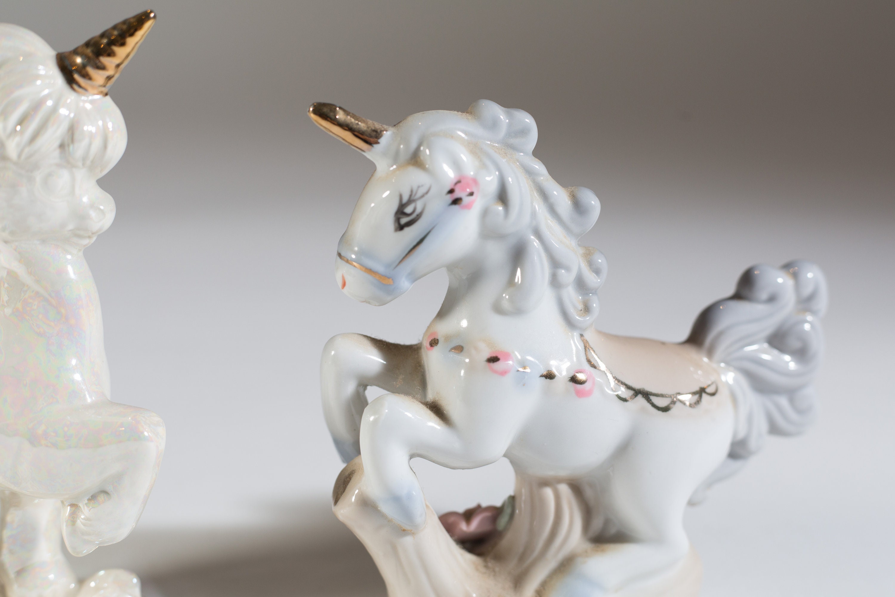 Vintage Ceramic Unicorns Pair of gloss White and gold Unicorn