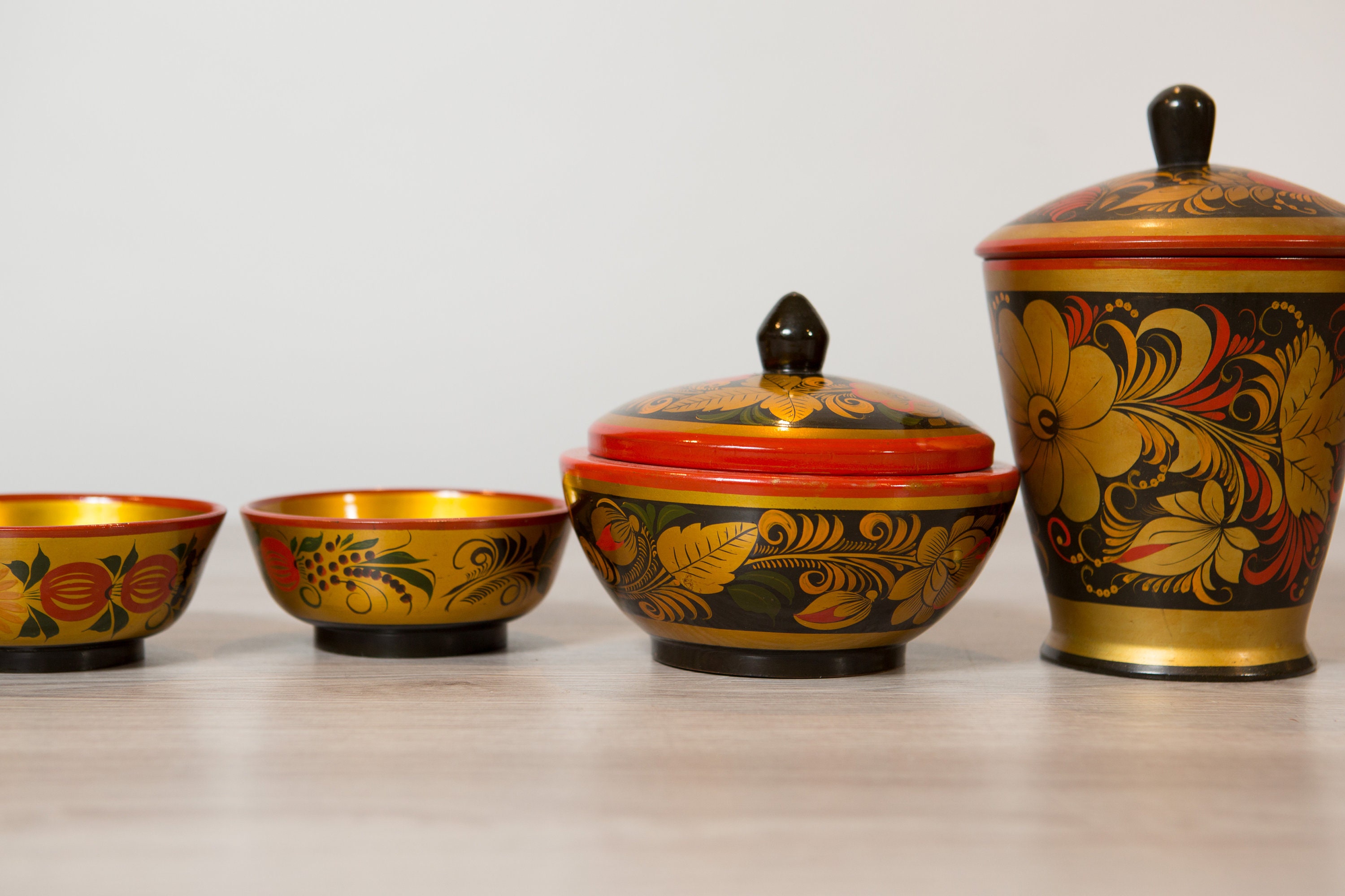 Russian Khokhloma Wooden Spoons, Bowls and Canisters Set of Vintage