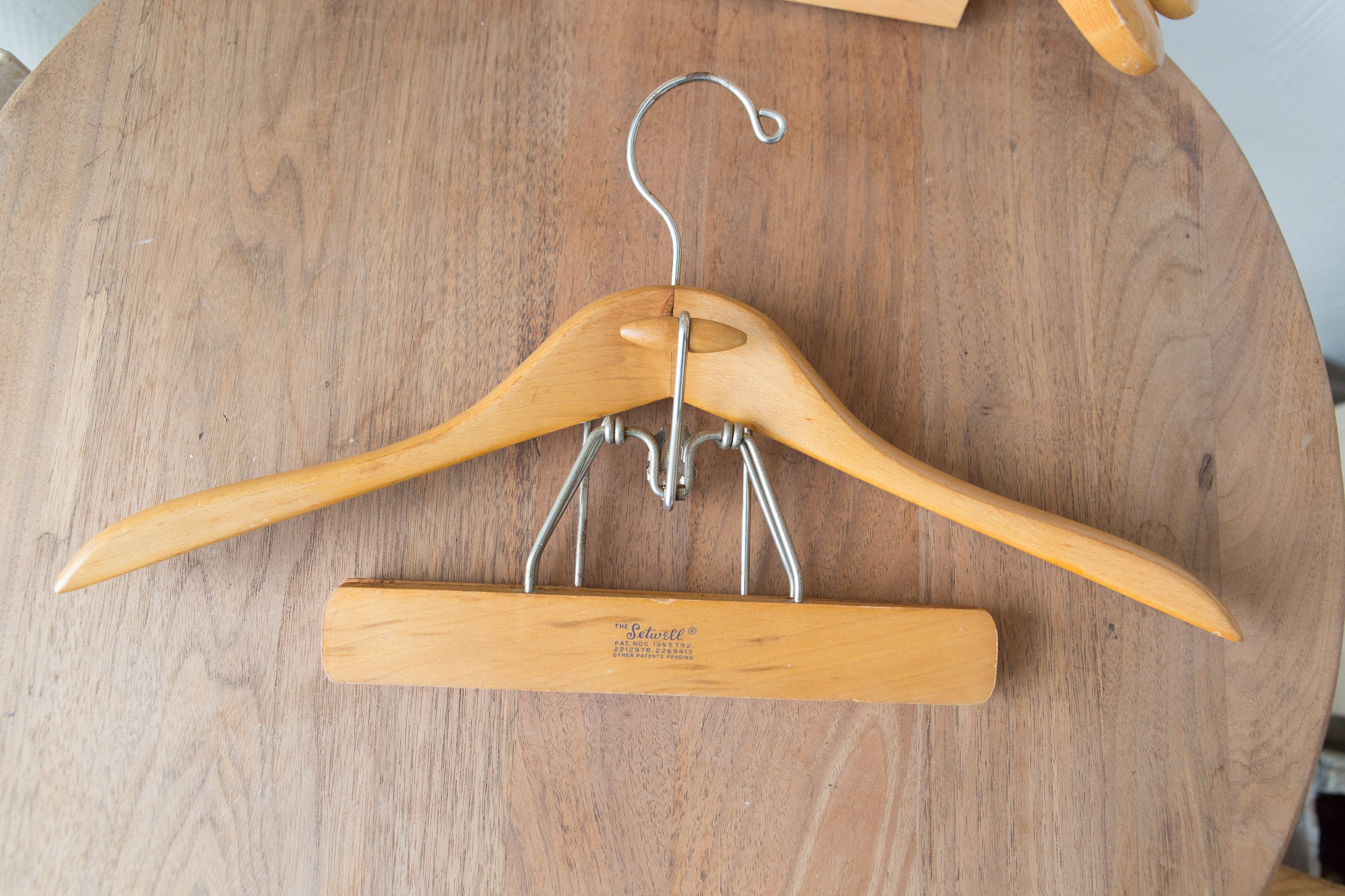 6 Wooden Fur Coat Hangers with Skirt or Pant Clip / Clamp Vintage