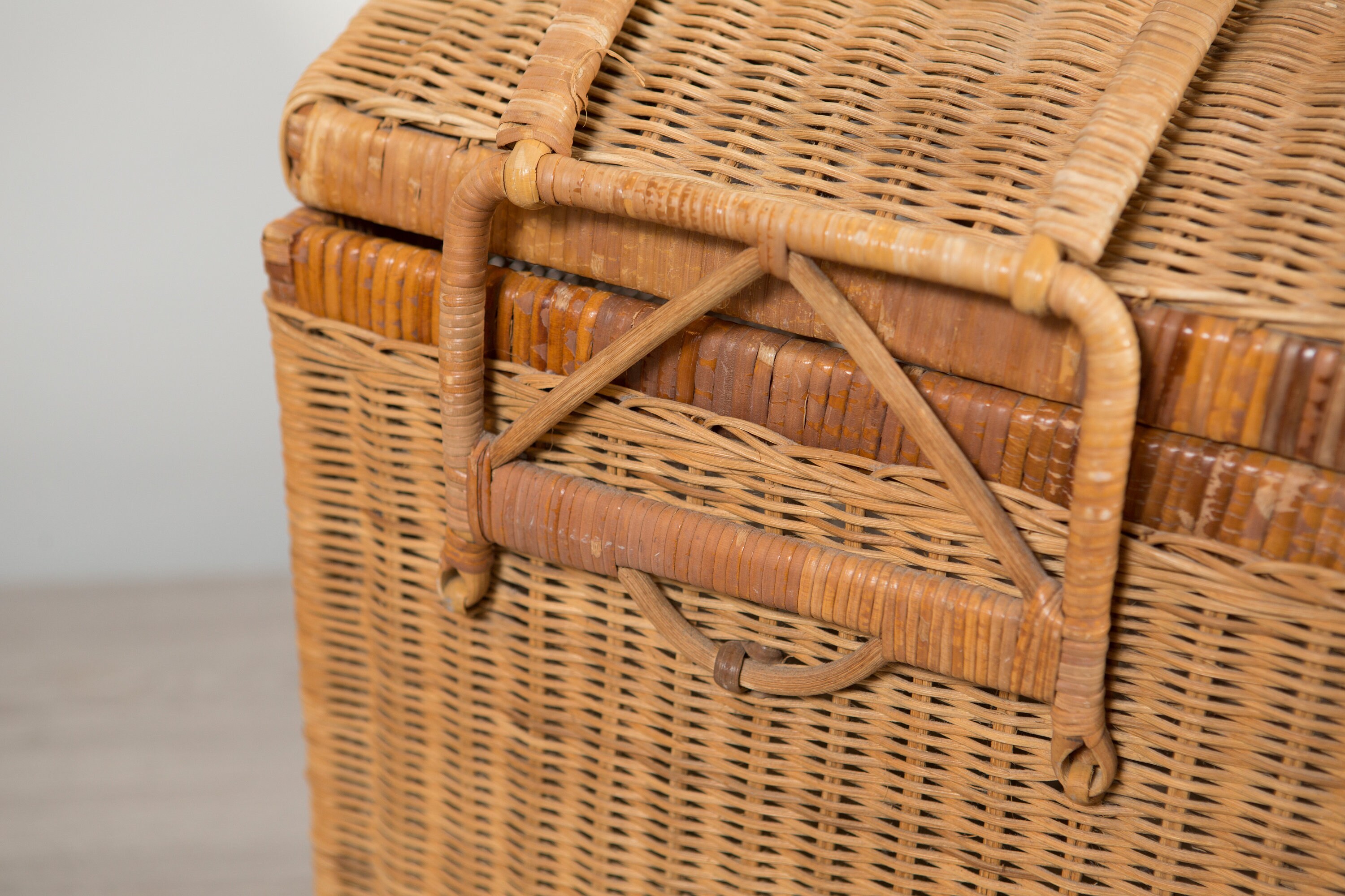 1960's Rattan Wicker Picnic Basket Vintage Brown Woven Square Basket with Carrying Handle