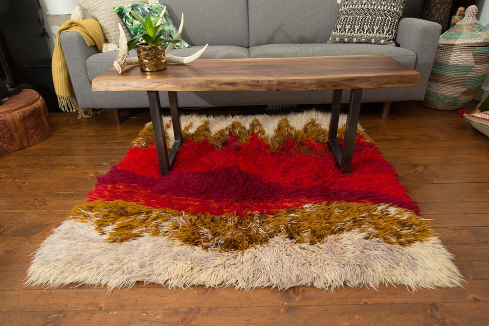 Vintage Shag Carpet Retro Hook Rug Mid Century Modern Fiery Sunset
