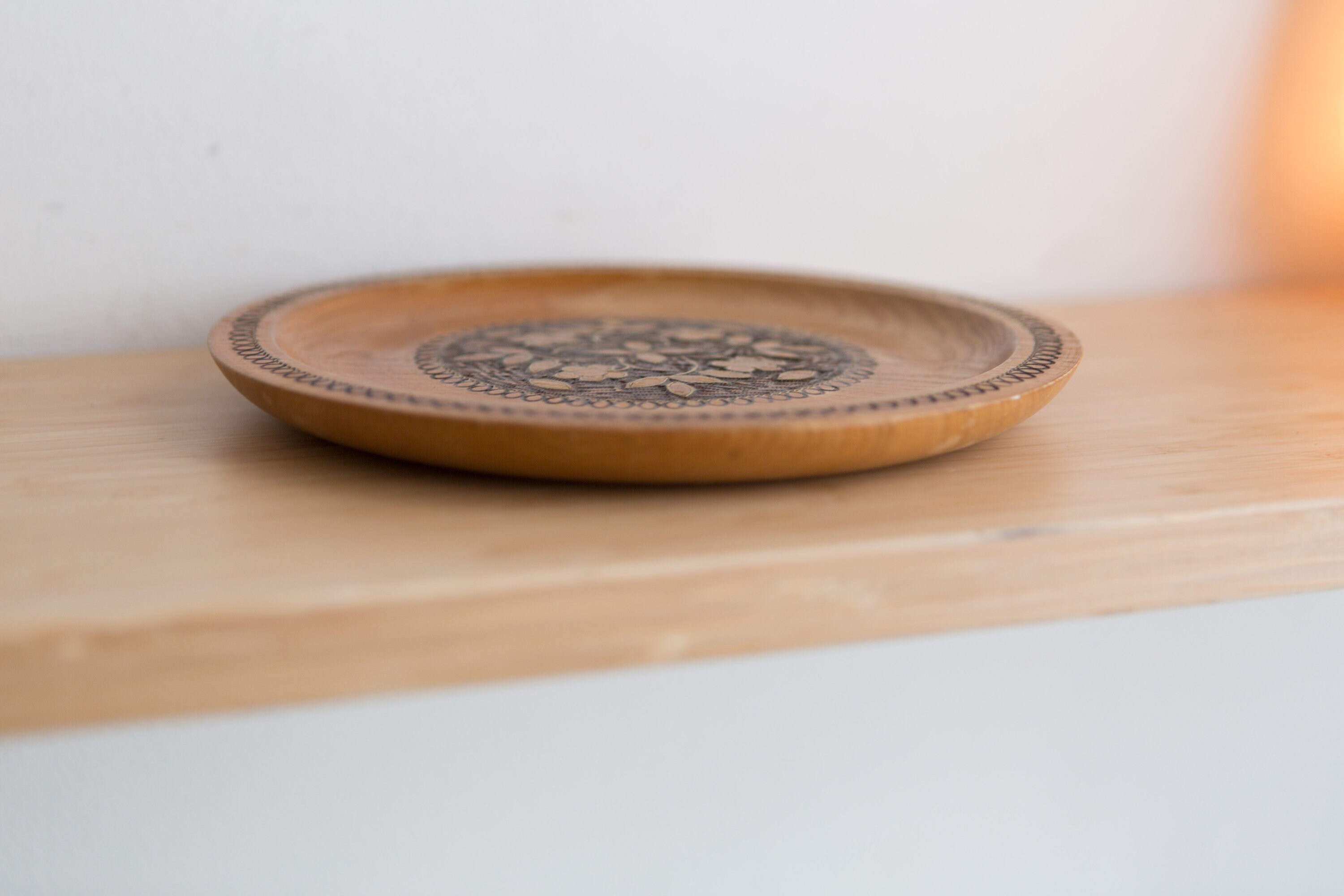 Decorative Wall Plate Hand Carved and Painted Wood Plate with Floral