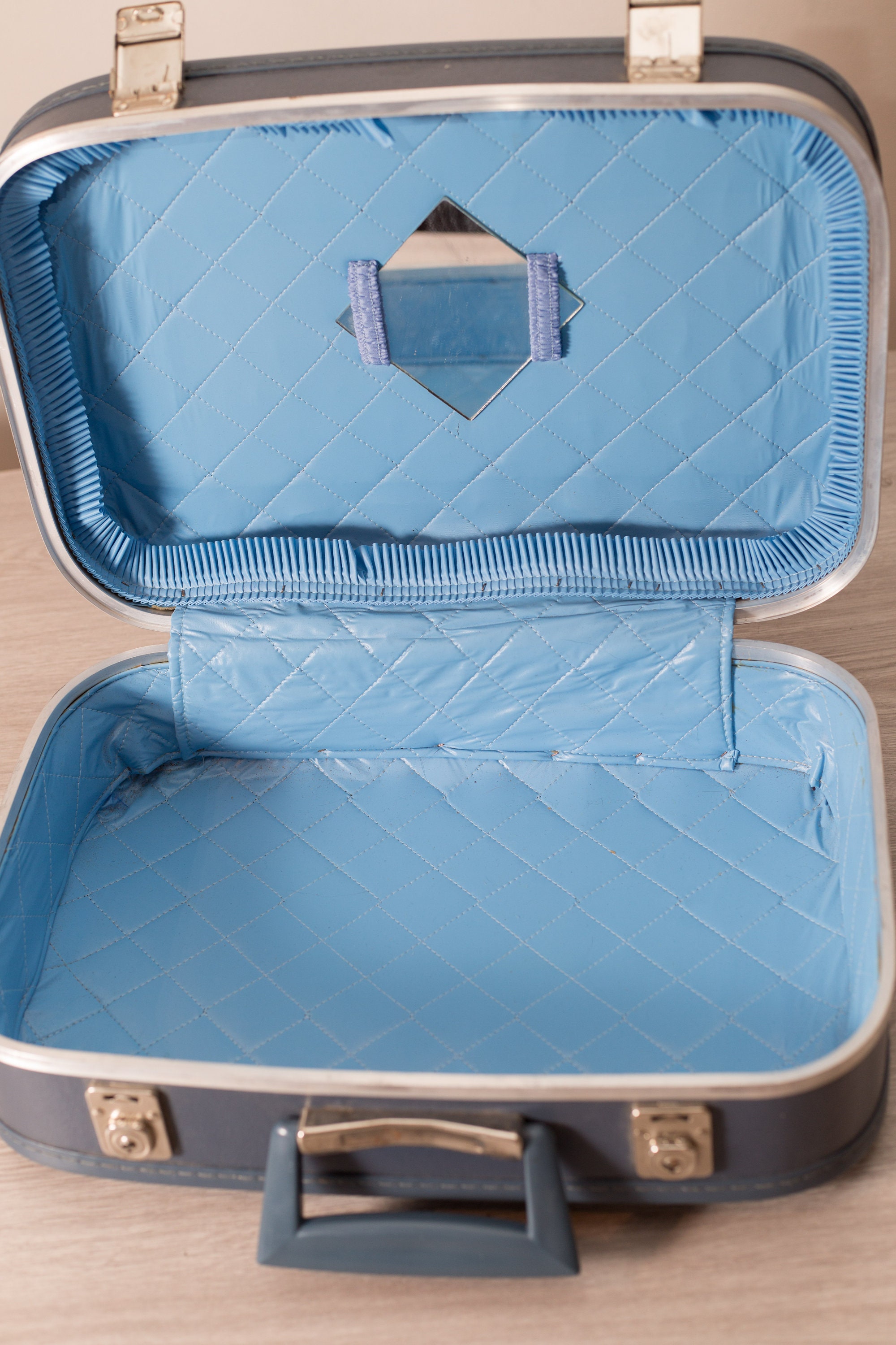 Vintage Blue Suitcase Overnight Luggage Carry on Makeup Briefcase