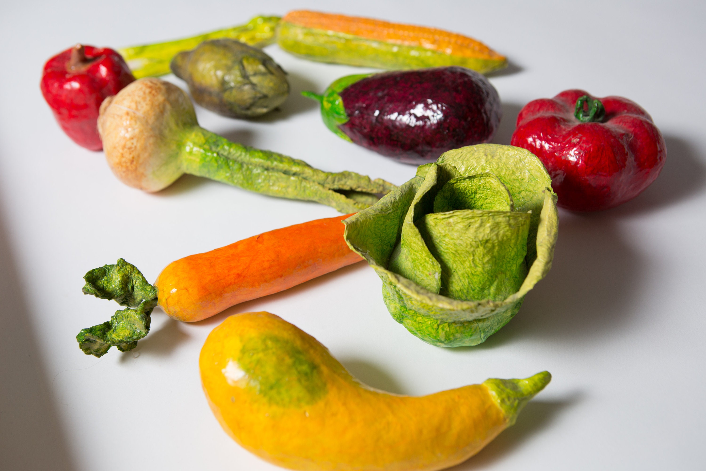 Paper Mache Vegetables 10piece Set of Vintage Handmade and Painted Mexican Folk Art Veggies