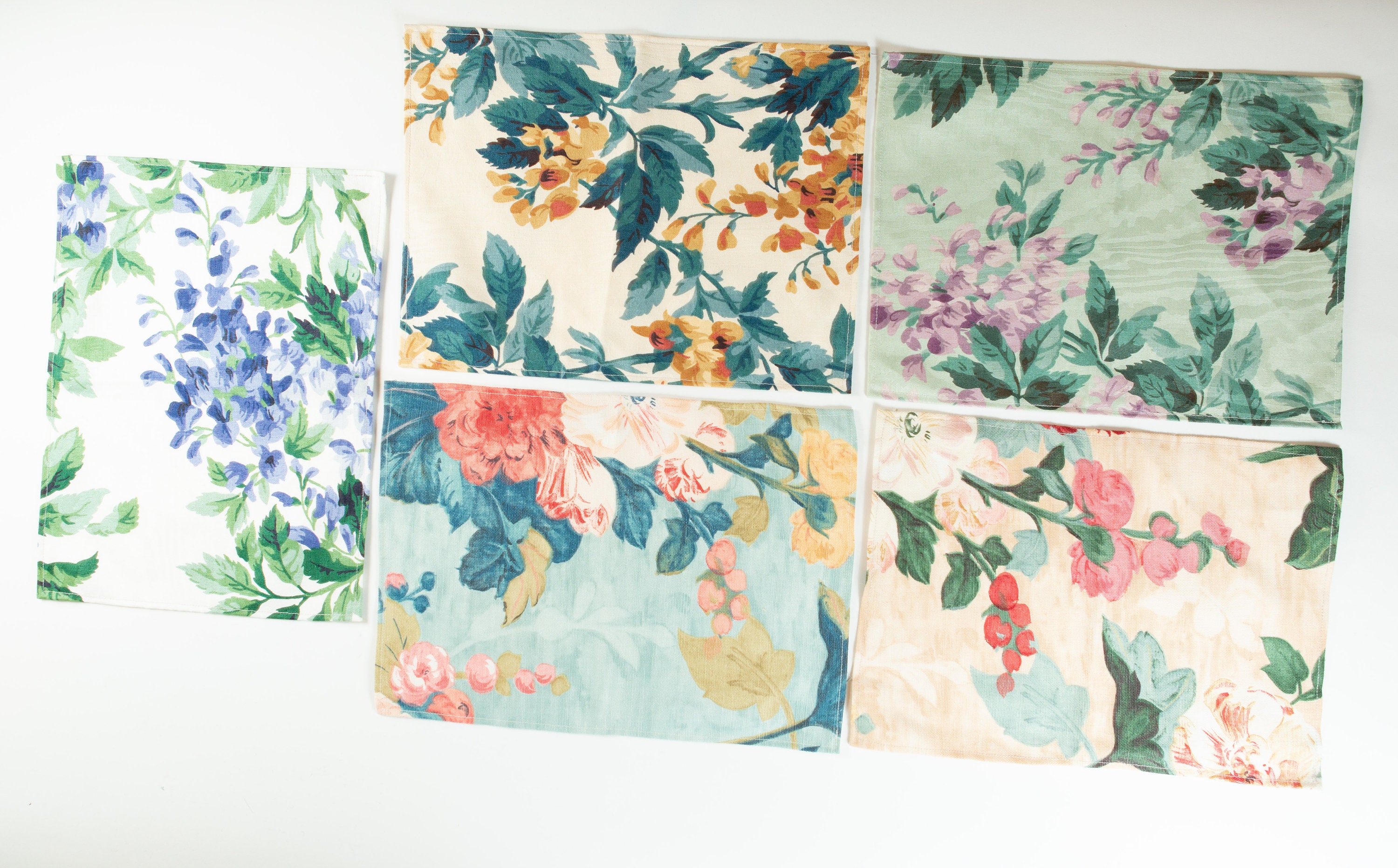 5 Vintage Placemats with Flowers Handmade Modern Floral Hand Woven