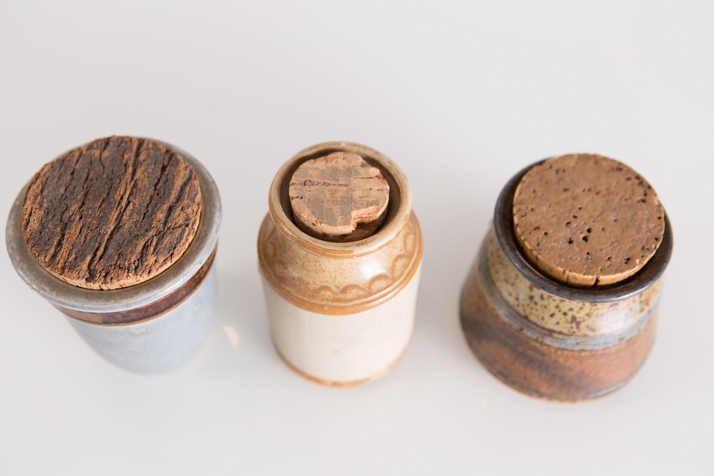 Vintage Ceramic Jars with Cork Stoppers Speckled Earthy Glaze Lidded