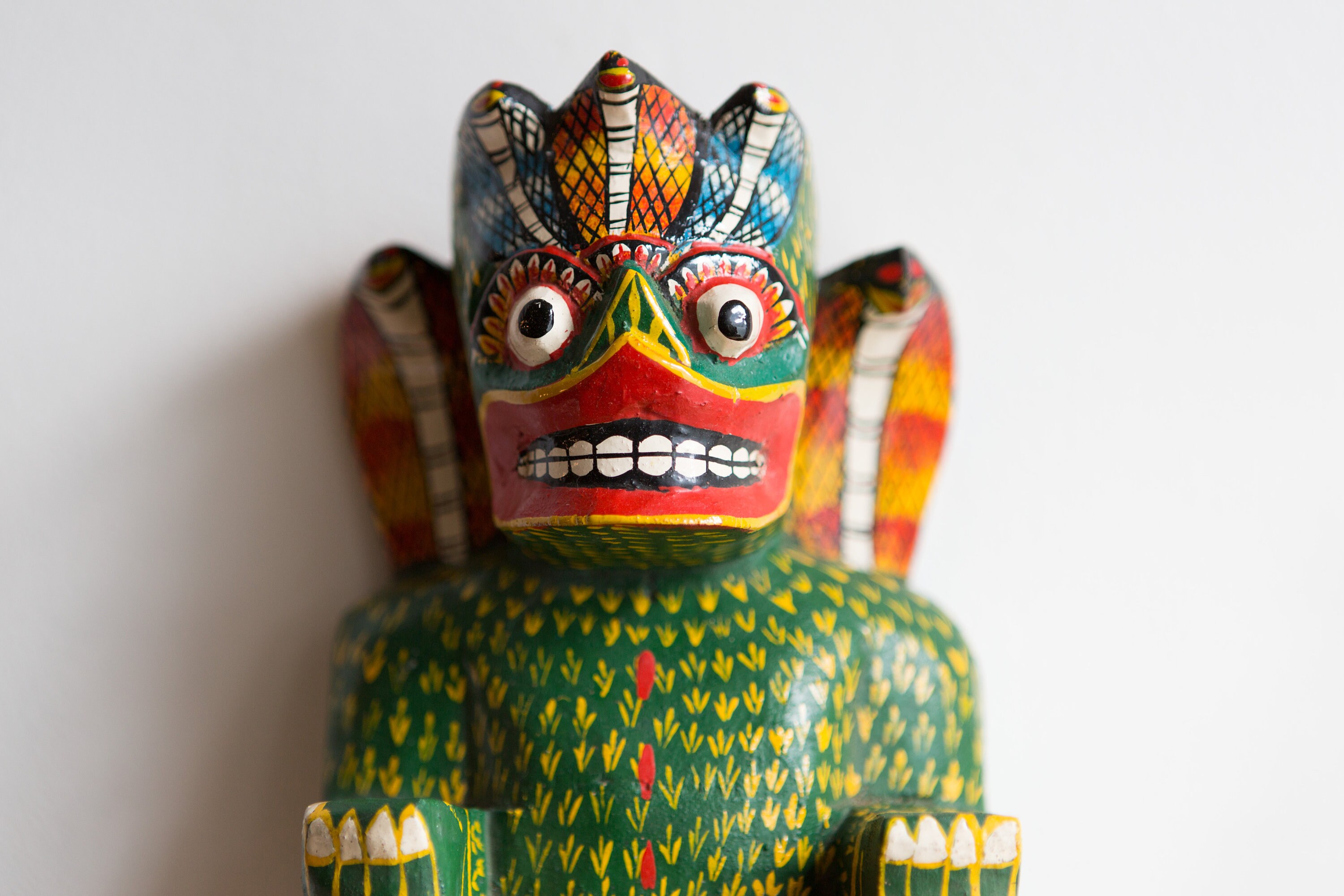 Wood Totem Wall Hanging Handcarved and Painted Sri Lankan Cobra Mask Sculpture Red and Green