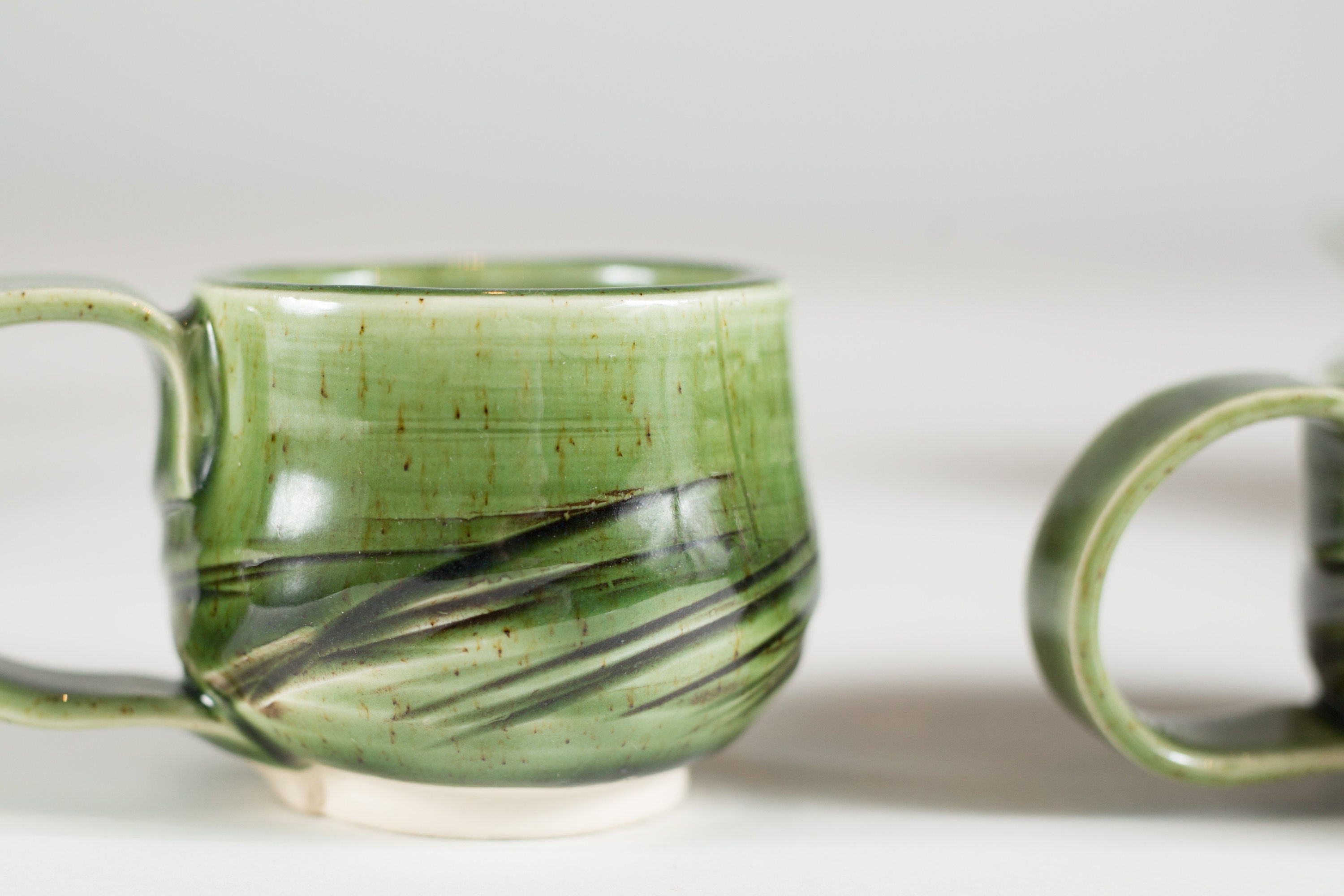 Vintage Green Mugs / Pair of Ceramic Coffee Cups / Boho Modern Dark