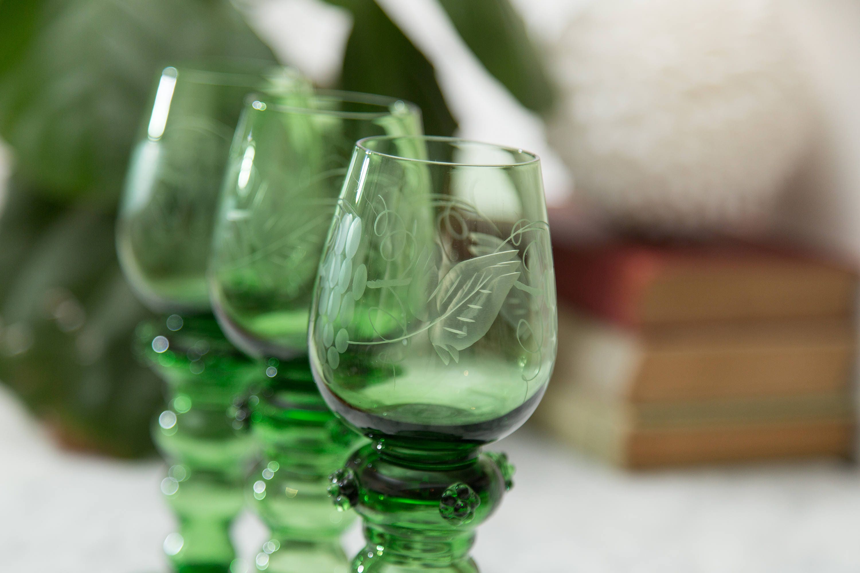 Green Wine Glasses Antique Handblown Floral Etched Set of 3 Tropical