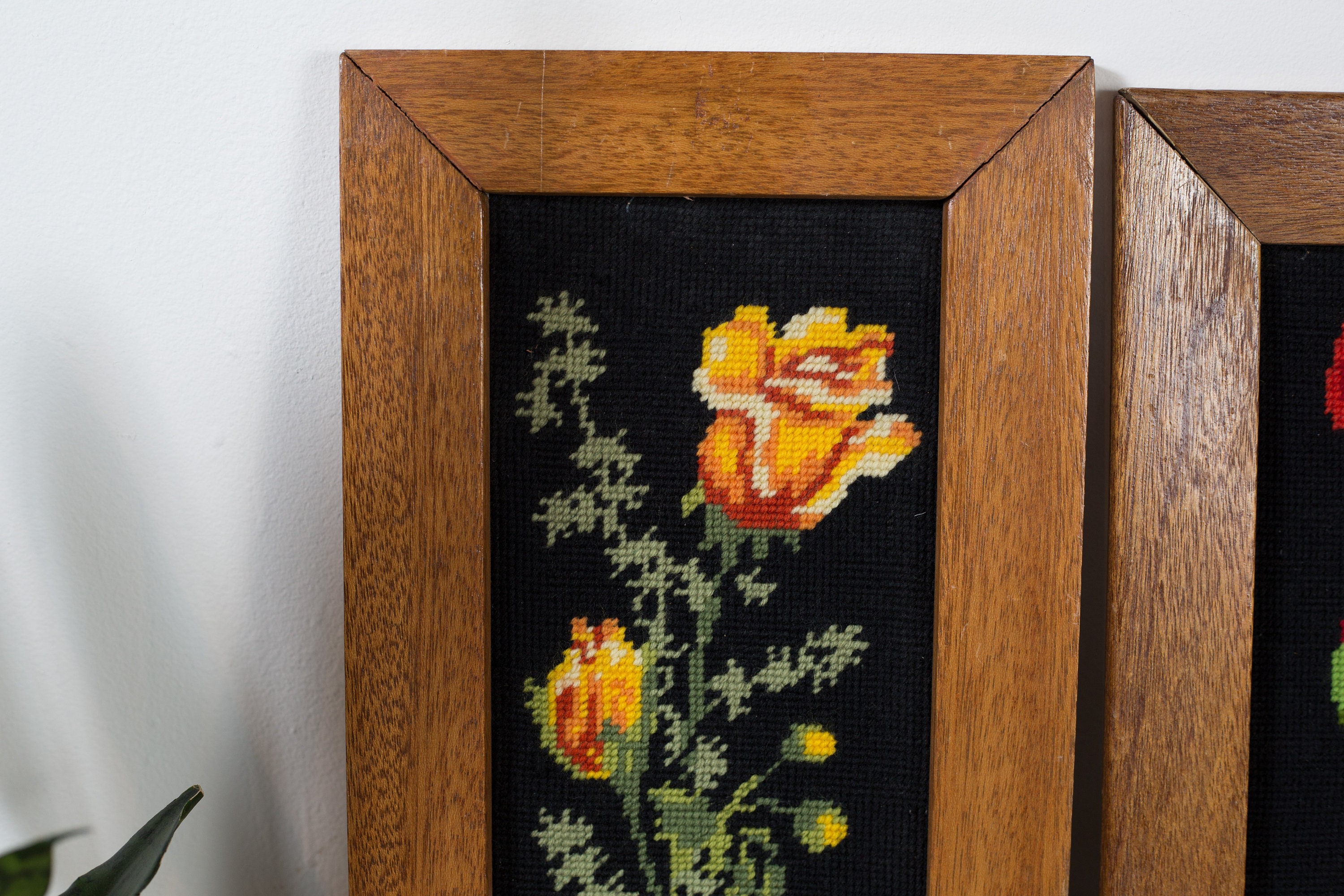 Vintage Floral Needlepoint Artwork Pair of Black Backdrop Wood Framed