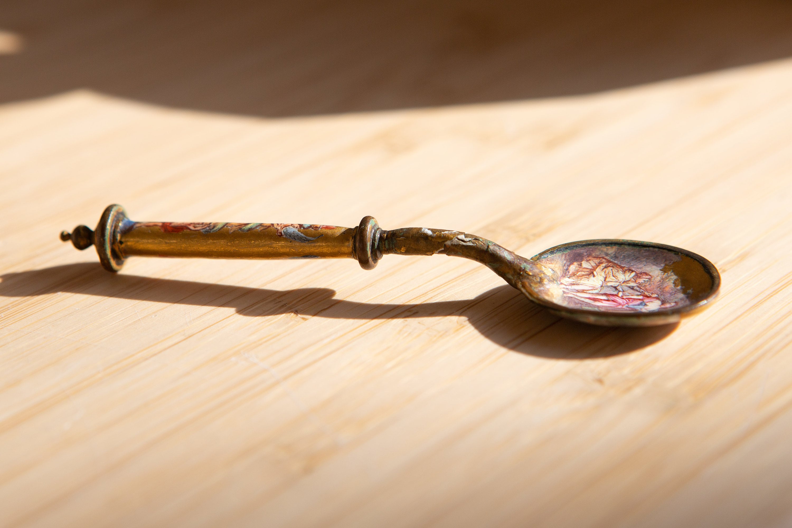 Small Antique Enamel and Metal Spoon with Victorian Imagery