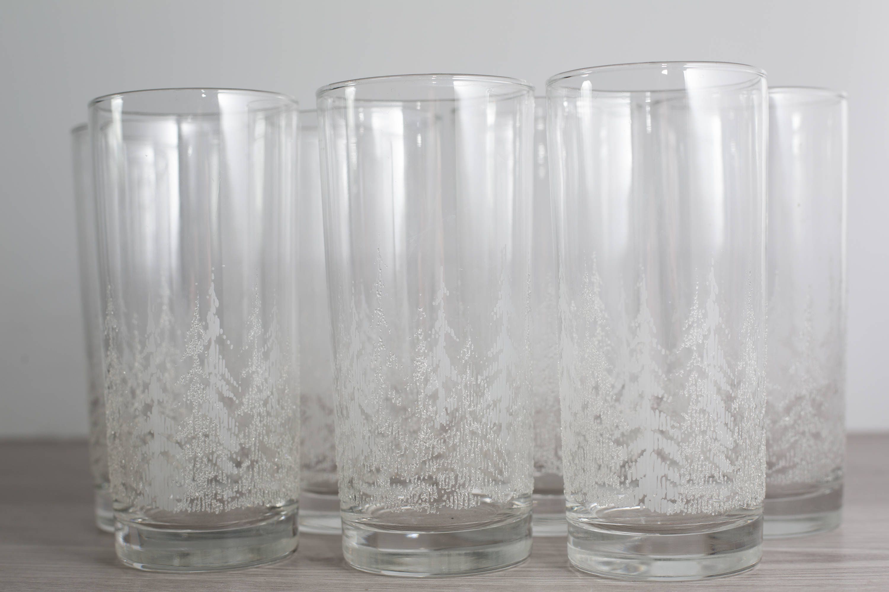 Frosted Forest Glasses / Set of 7 Vintage Textured Winter Trees