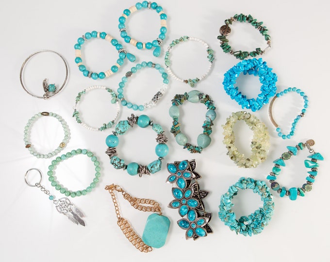 Lot of 18 Gemstone Beaded Southwest Boho Modern Bracelets - Blue Turquoise Colored Howlite Stone Jewelry - Mother's Day Gift