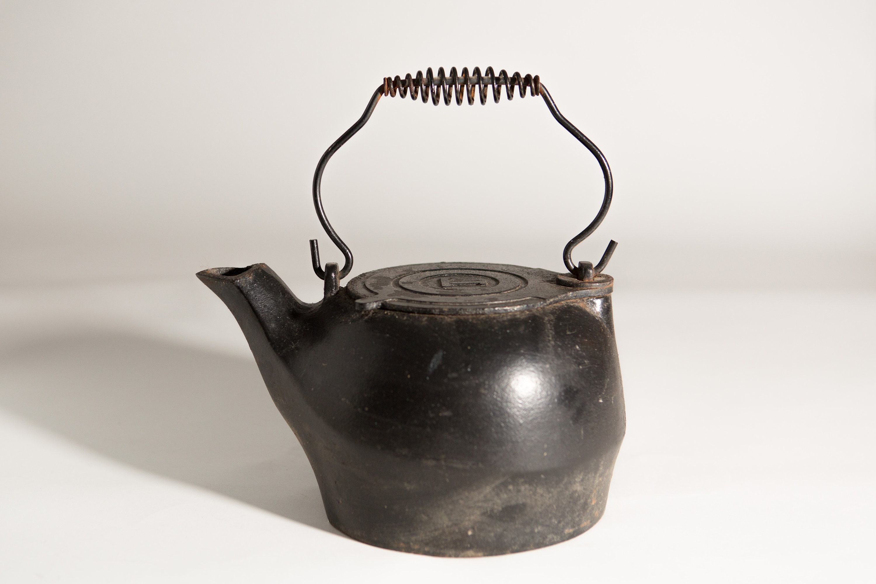 Antique Cast Iron Kettle Black Coloured Heavy Metal Teapot with Coil