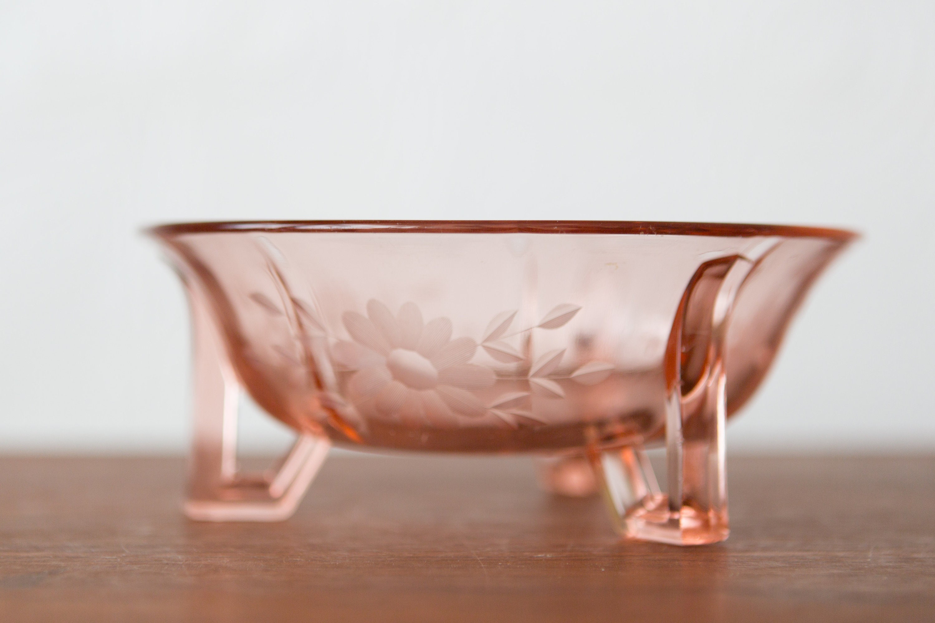 Antique Pink Glass Bowl 3Legged Footed Vintage Depression Glass with
