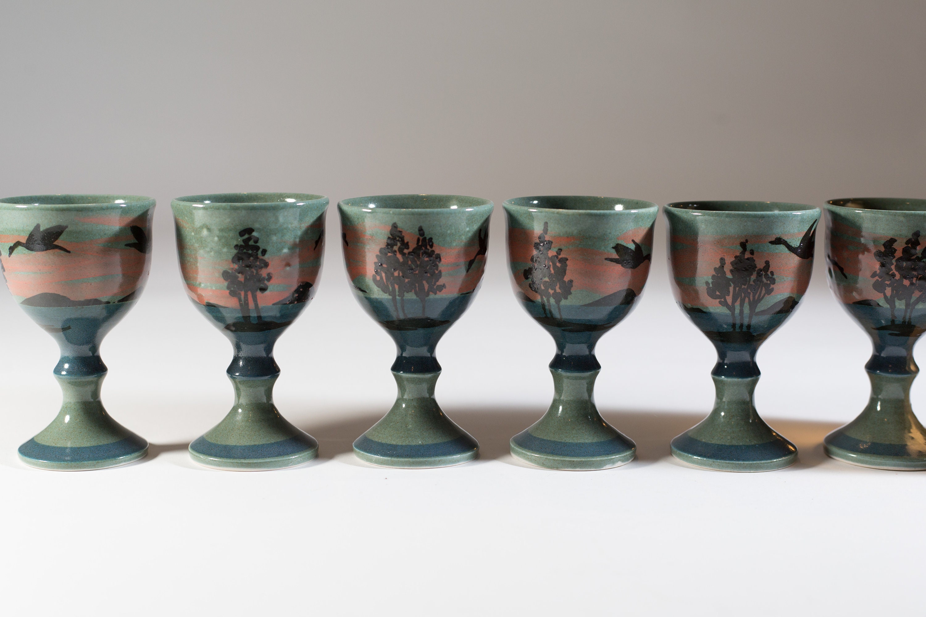 6 Ceramic Wine Goblets Handmade green and blue Earthy Vintage