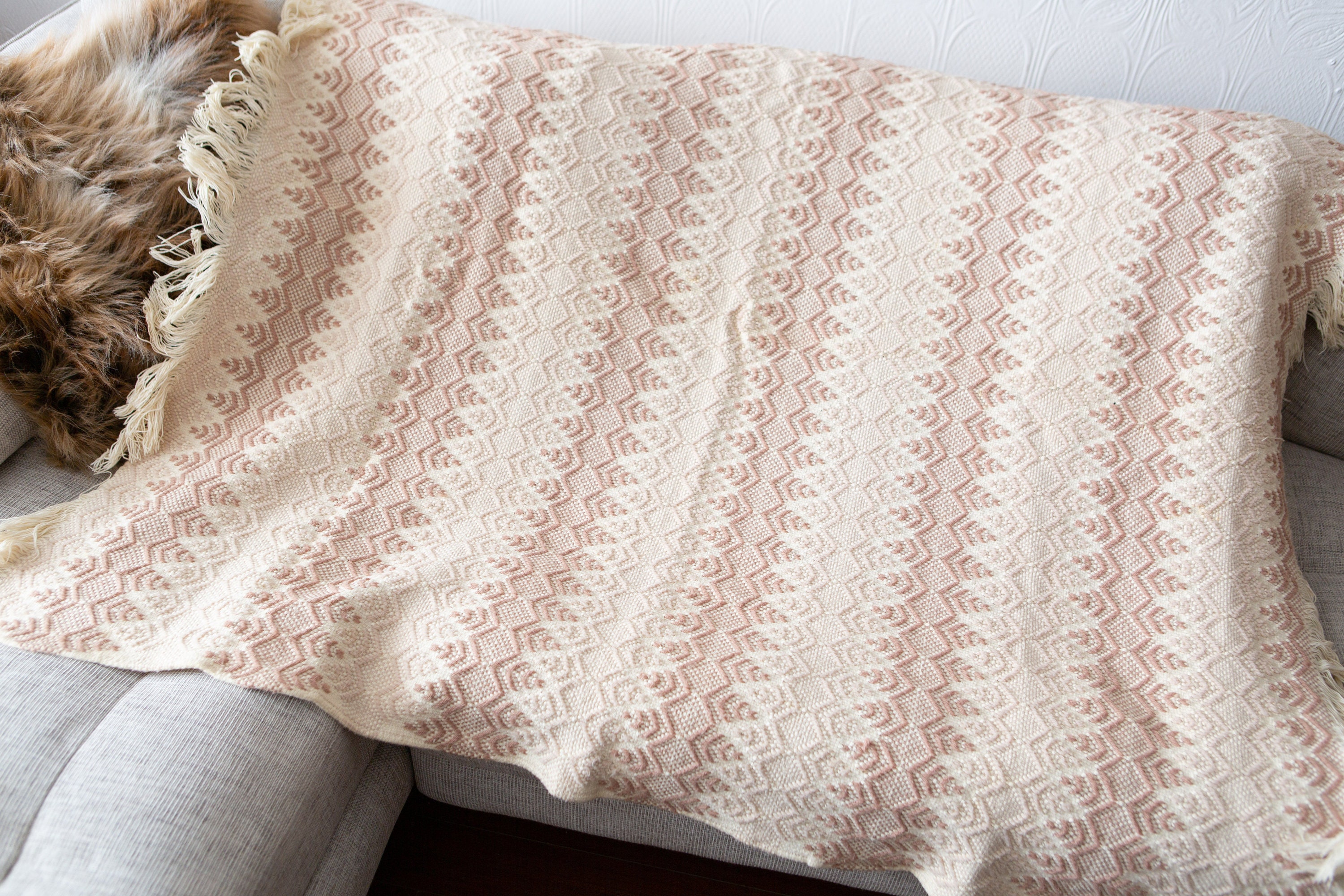 Vintage Knit Throw Beige Cotton Fringed Lounge Style Blanket Cozy