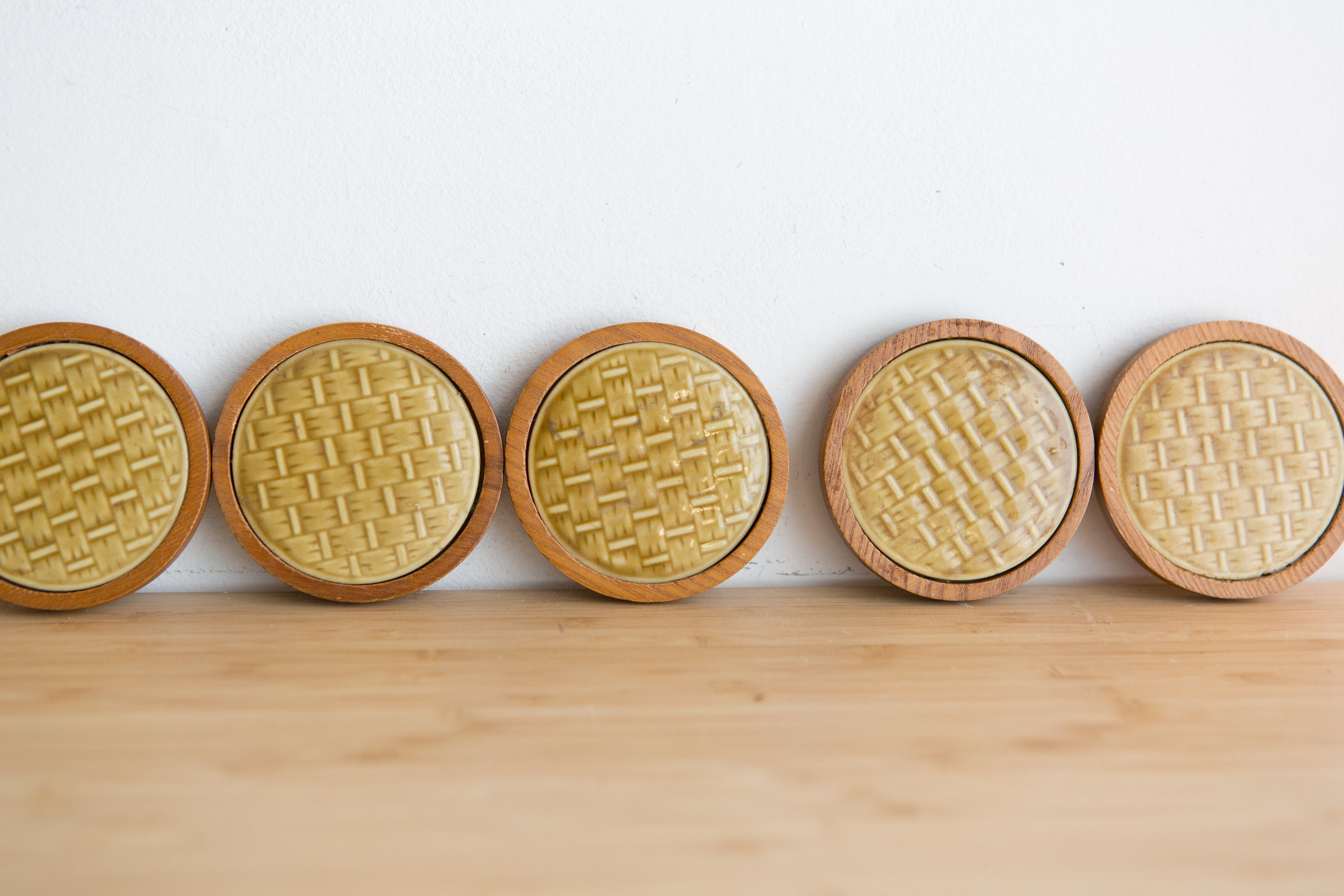 Vintage Ceramic and Wood Coasters Mid Century Modern Cocktail Coaster