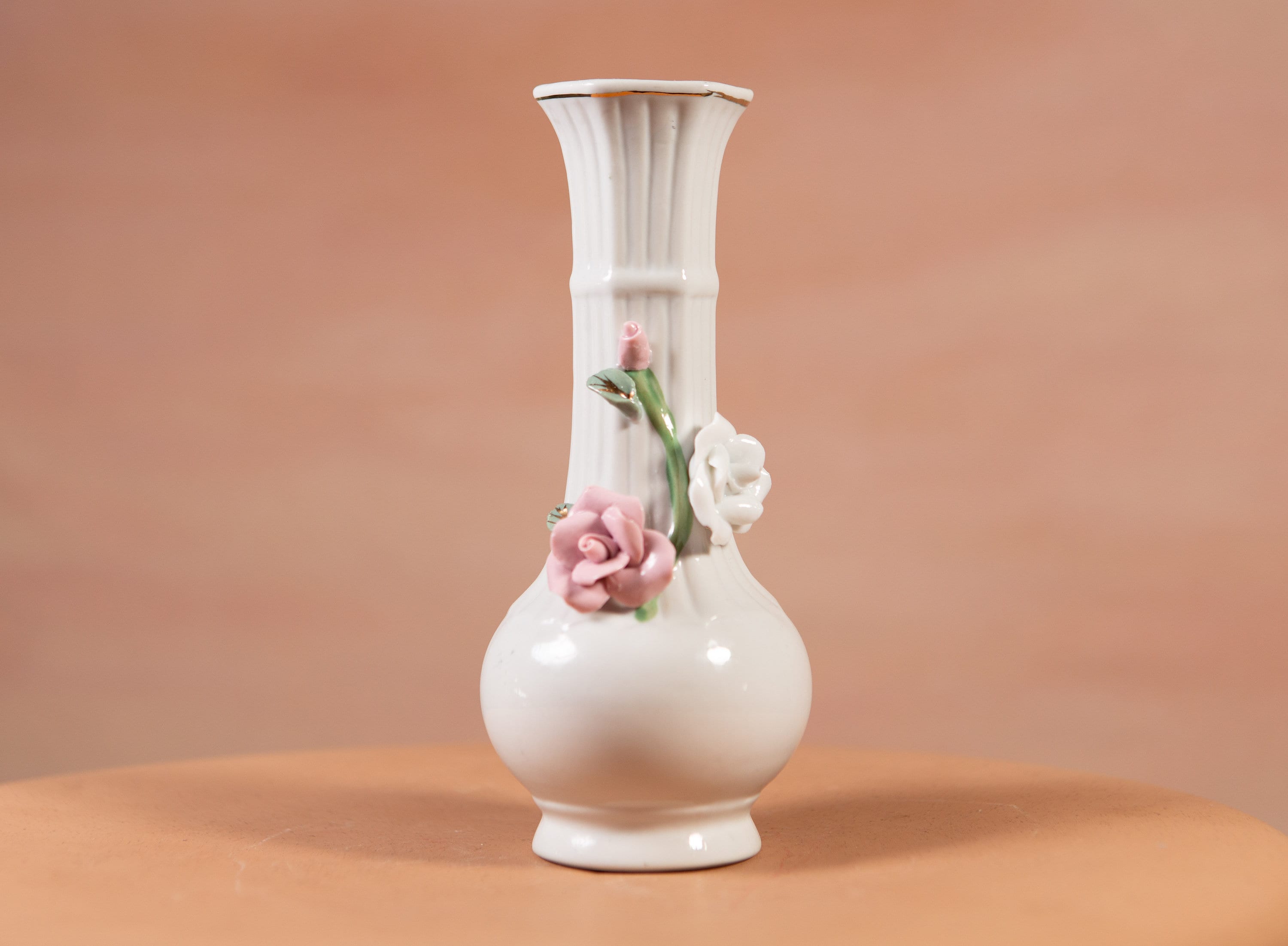 2 Vintage Ceramic Vases with Hand Sculpted Pink and Purple Flowers