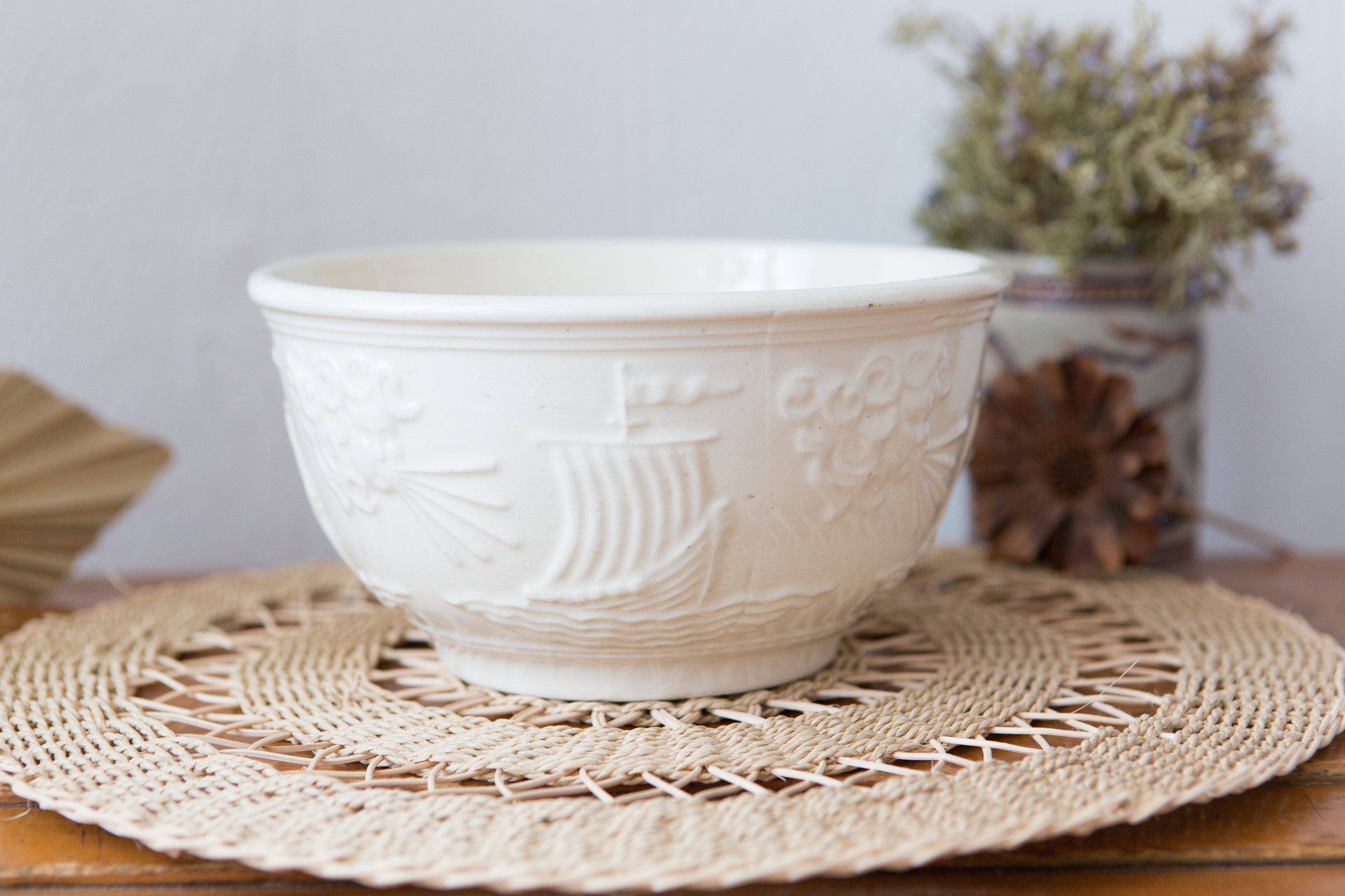 1940's Antique Ceramic Bowl with Ships, Clouds, Wind Zephyrus Pattern Colonial Ironstone