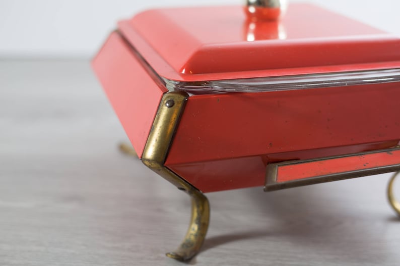 Vintage Casserole Dish Coral and Brass Dinner Dish Warmer Space Age Atomic Square