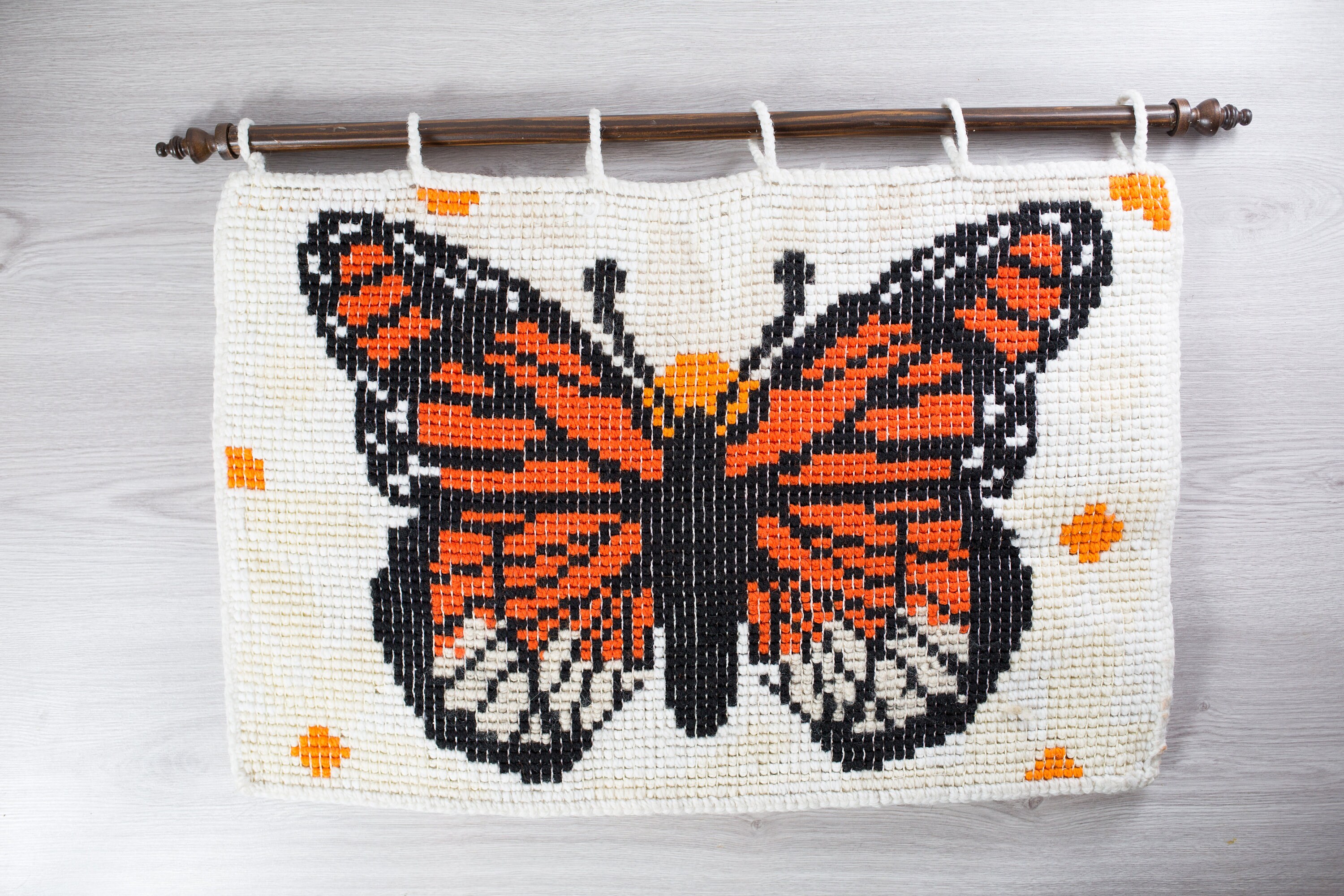 Vintage Monarch Butterfly Latch Hook Tapestry Wall Hanging / 1960's Mid