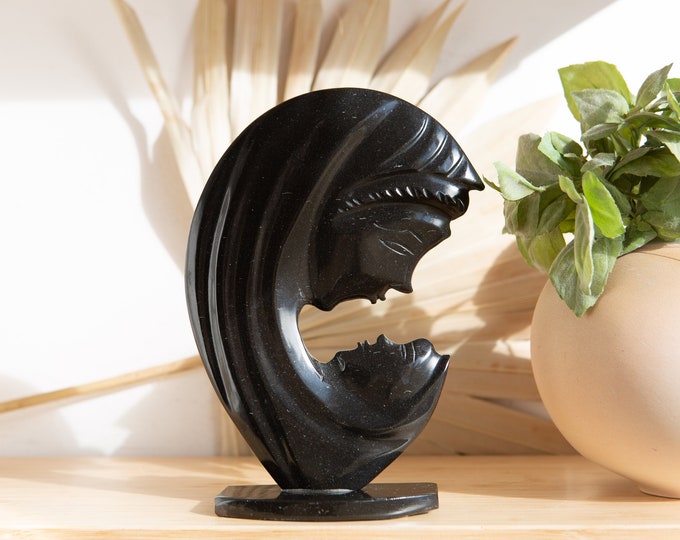 Mother and Daughter Black Stone Statue - Goddess Figure Holding Baby - Boho Monochromatic Decor