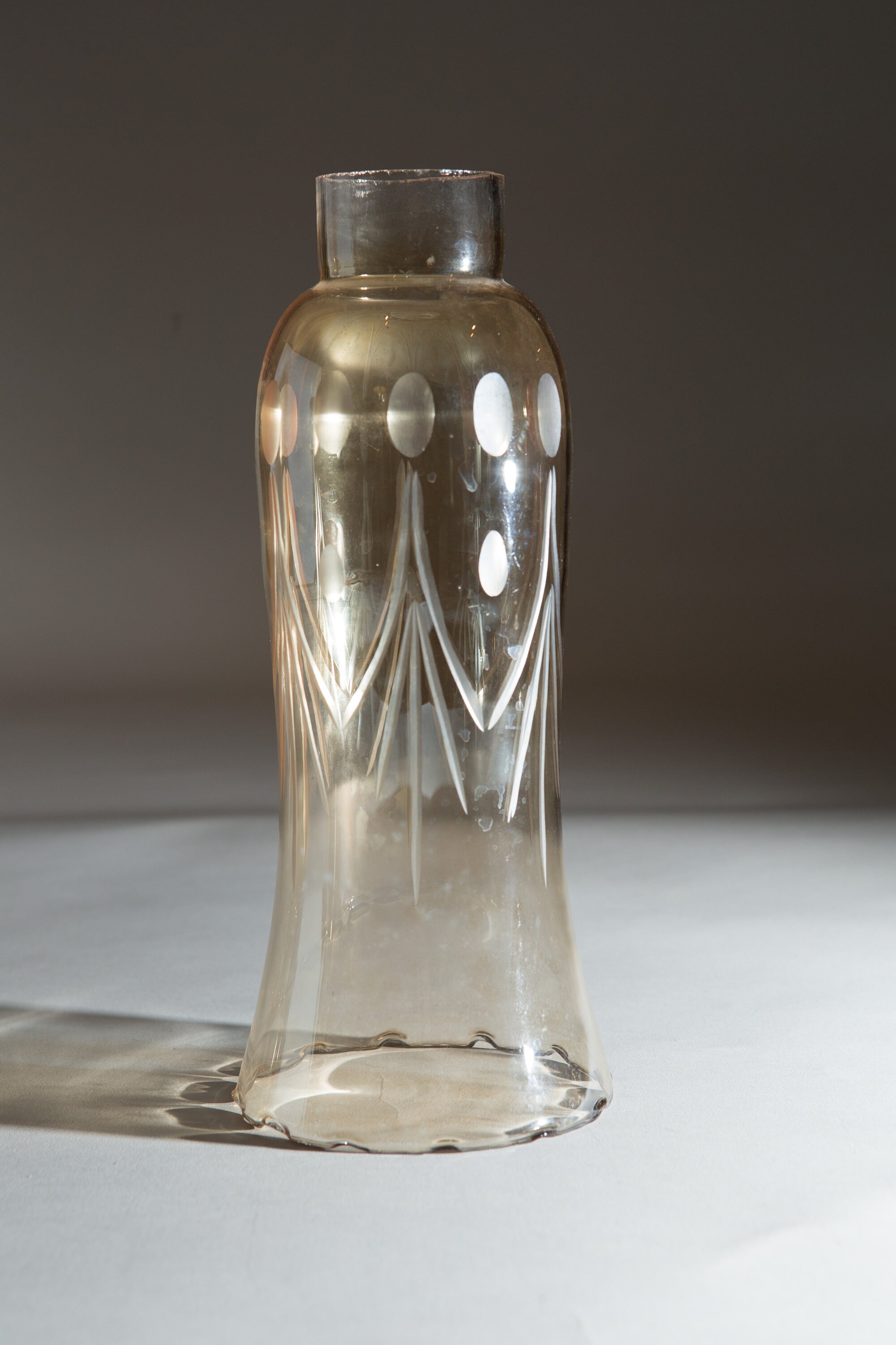 Glass Hurricane Shade for Oil Lamp with Etched Art Deco Motif Iridescent hand blown Glass