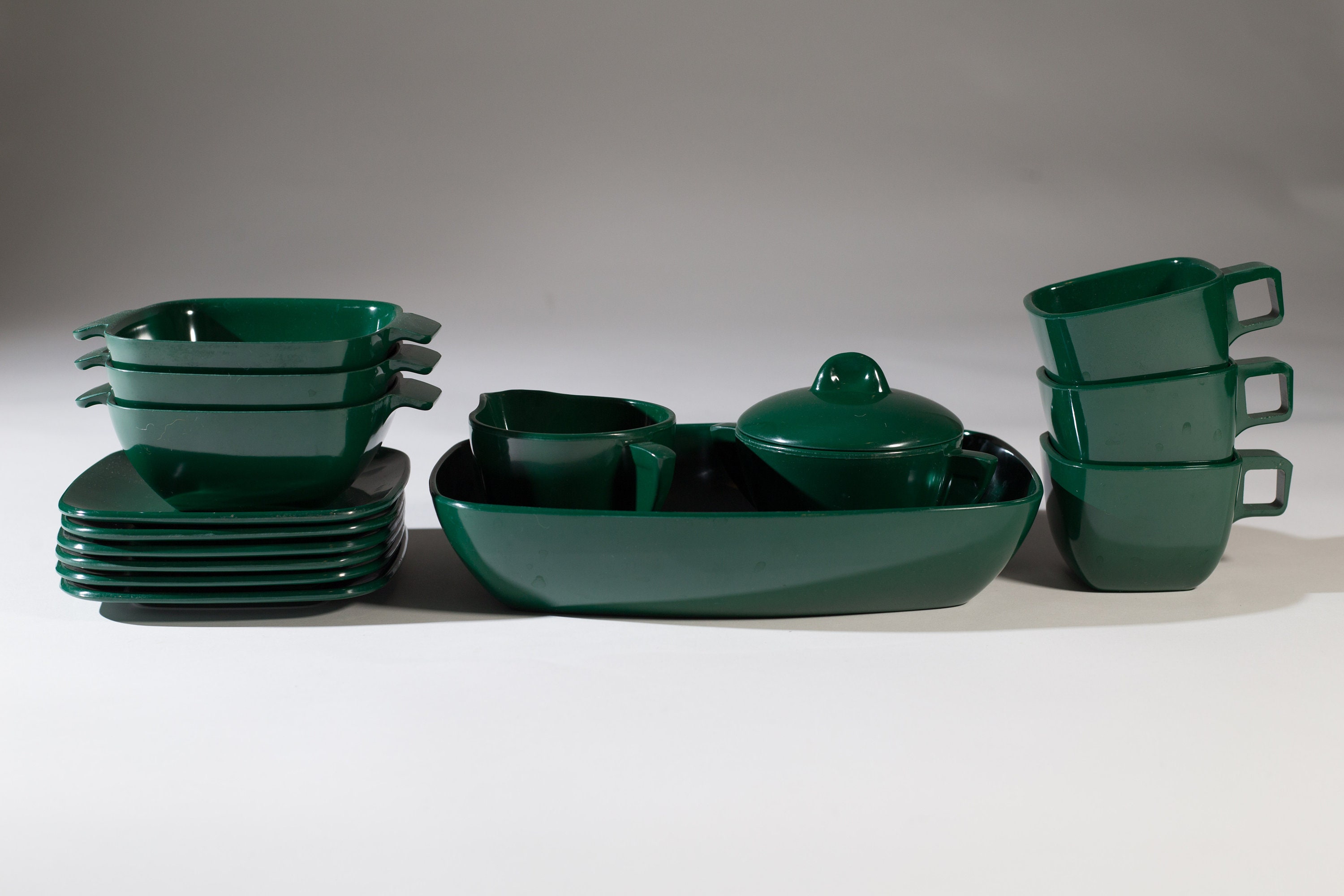 Green Malamine Cups, Saucers Bowls Set of Melmac EverMaid De Luxe