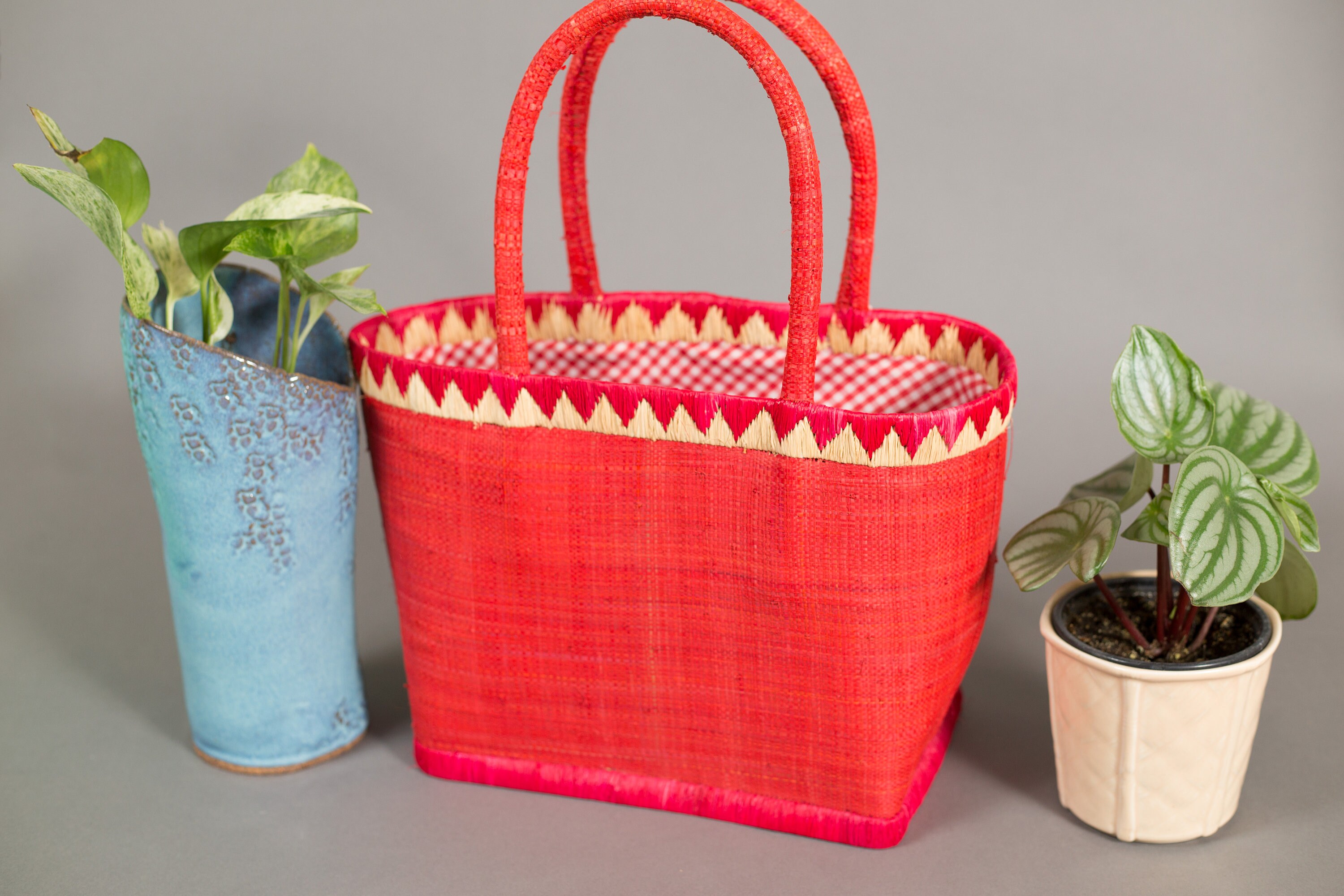 Vintage Red Basket Purse Woven Geometric Triangle Shape Basket