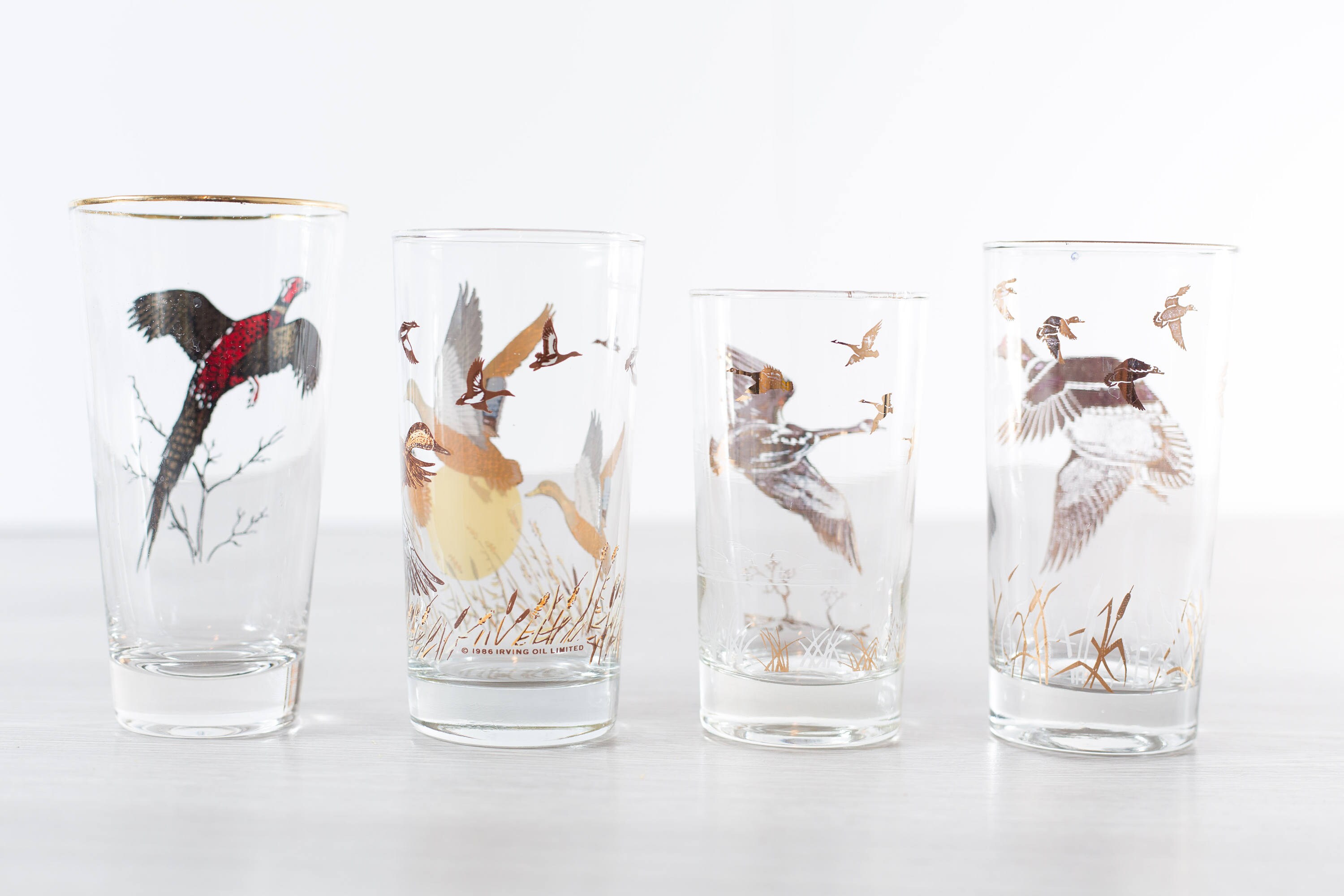 Vintage Bird Glasses / Collectible Gold Fowl Motif Cocktail Glasses