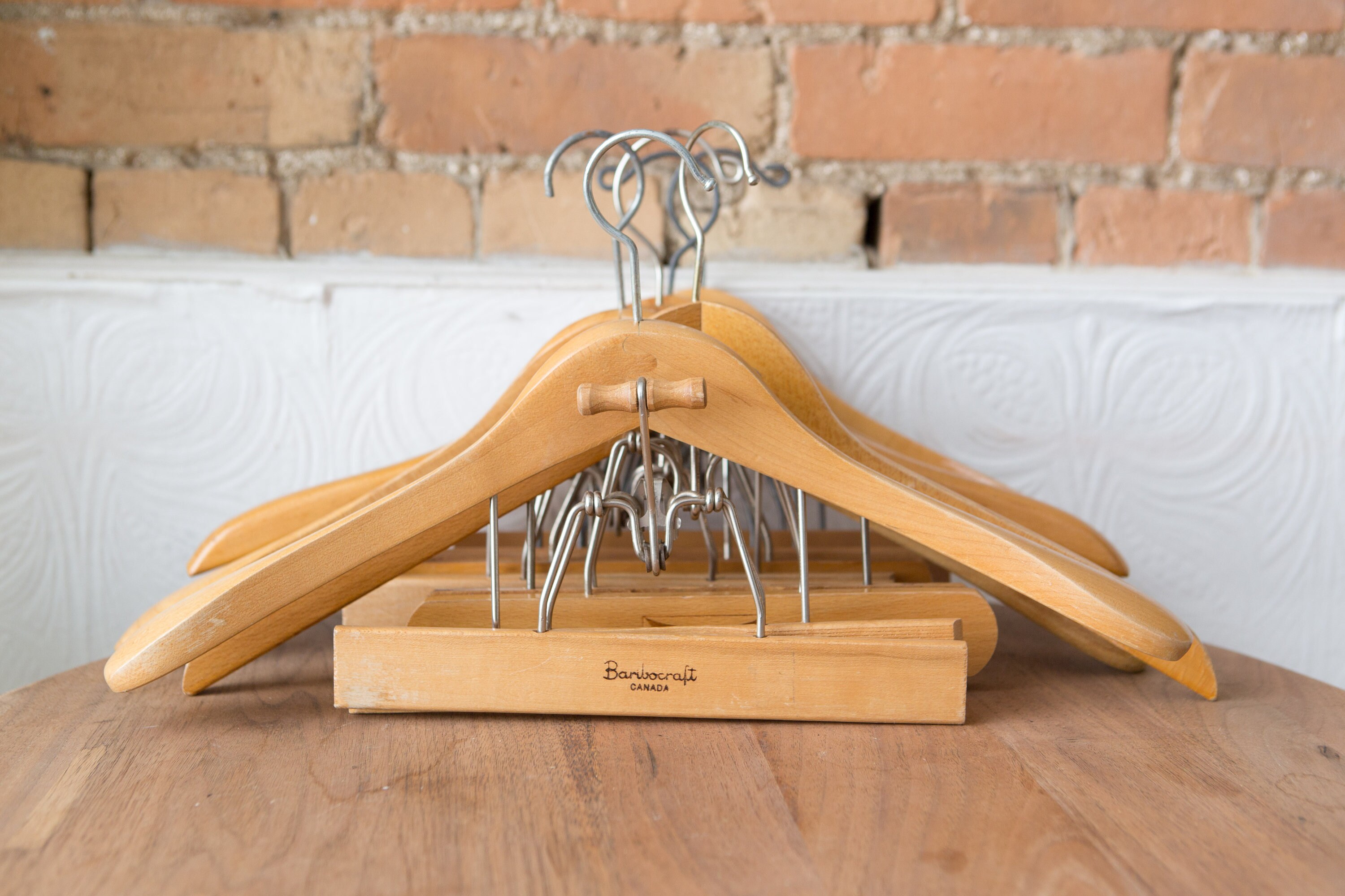 6 Wooden Fur Coat Hangers with Skirt or Pant Clip / Clamp Vintage